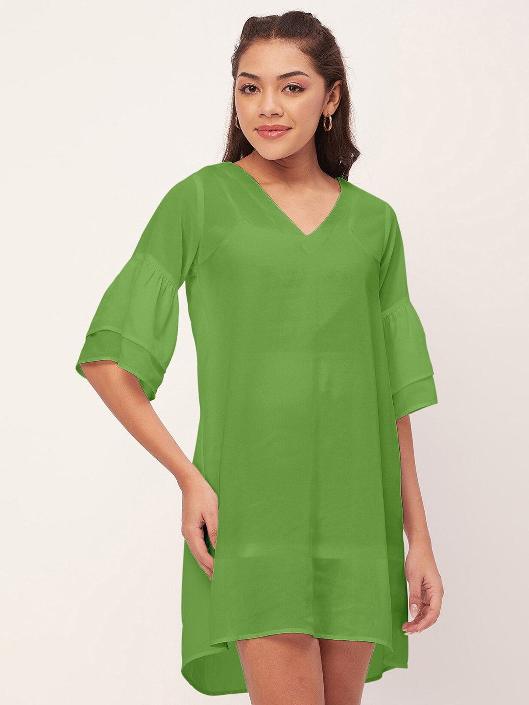 Moomaya V-Neck Bell Sleeves A-Line Dress, Green