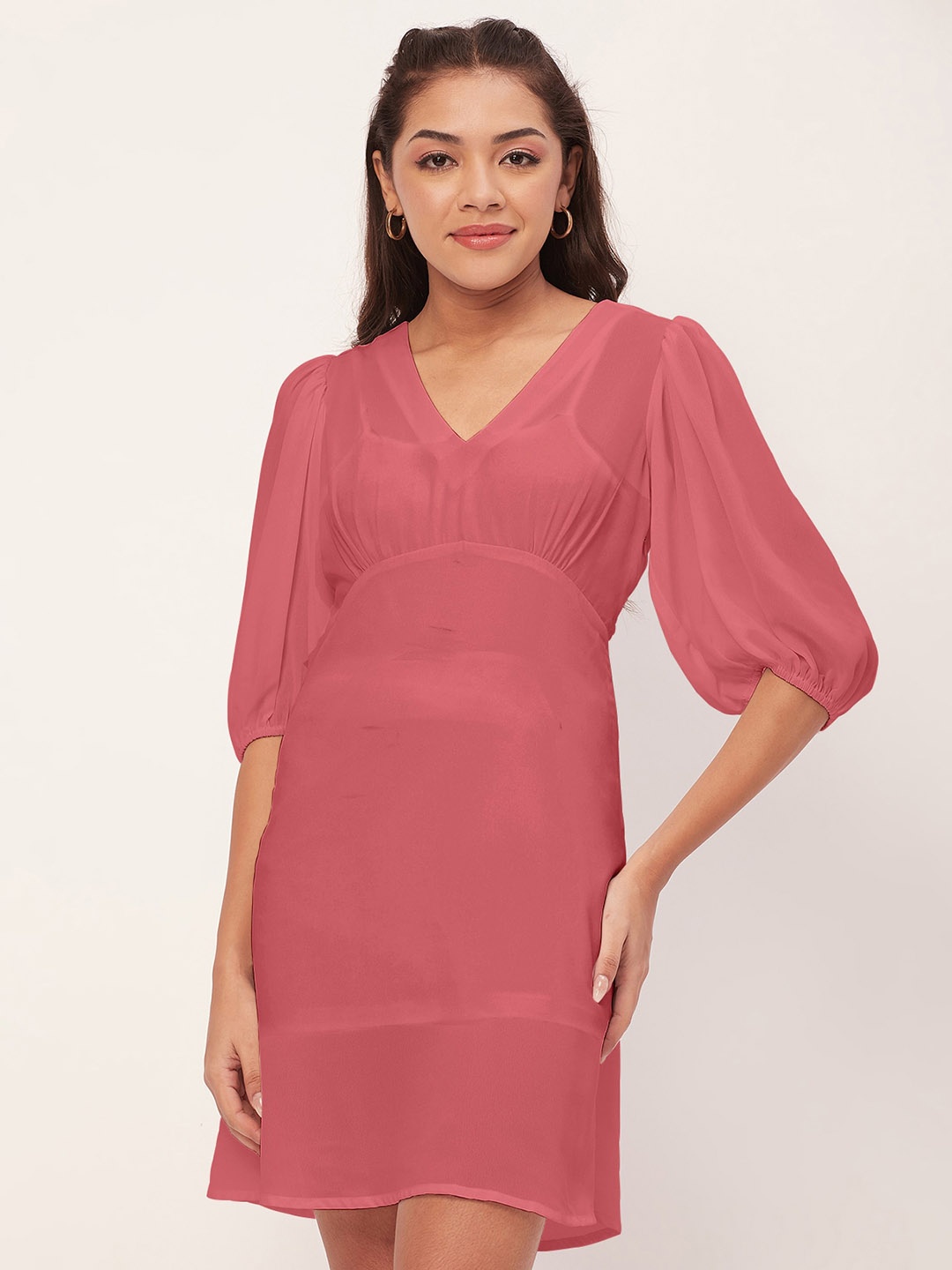 

Moomaya V-Neck Puff Sleeve A-Line Dress, Pink