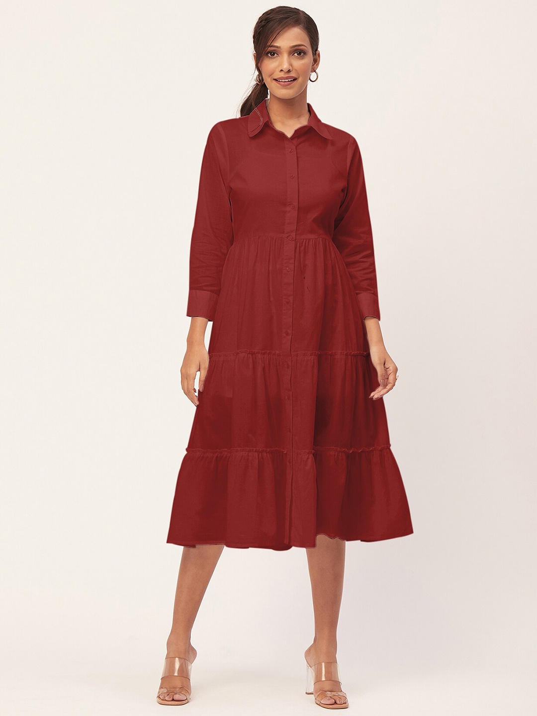 

Moomaya Shirt Collar Tiered Cotton Shirt Style Dress, Rust