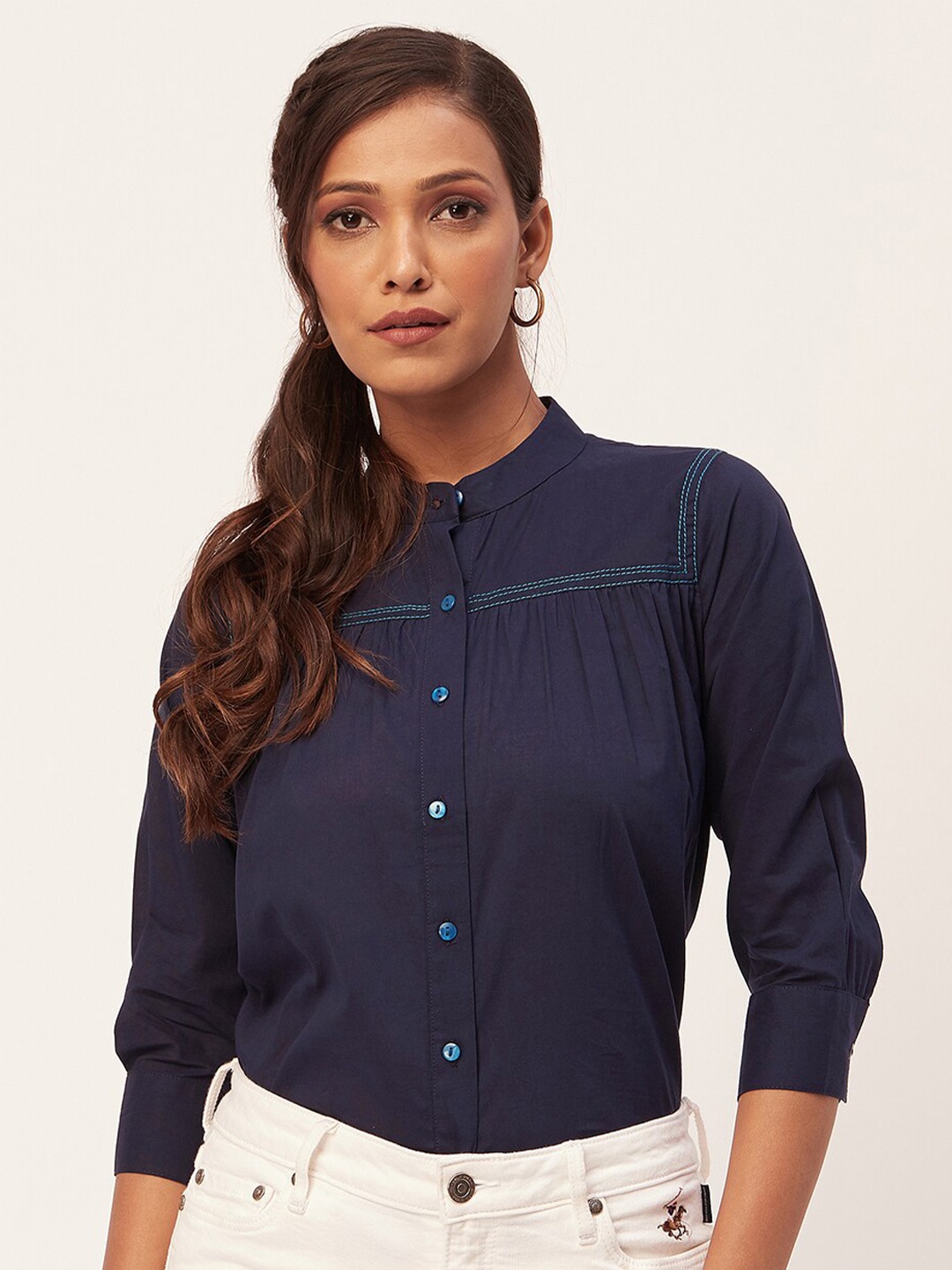 

Moomaya Mandarin Collar Classic Cotton Casual Shirt, Navy blue