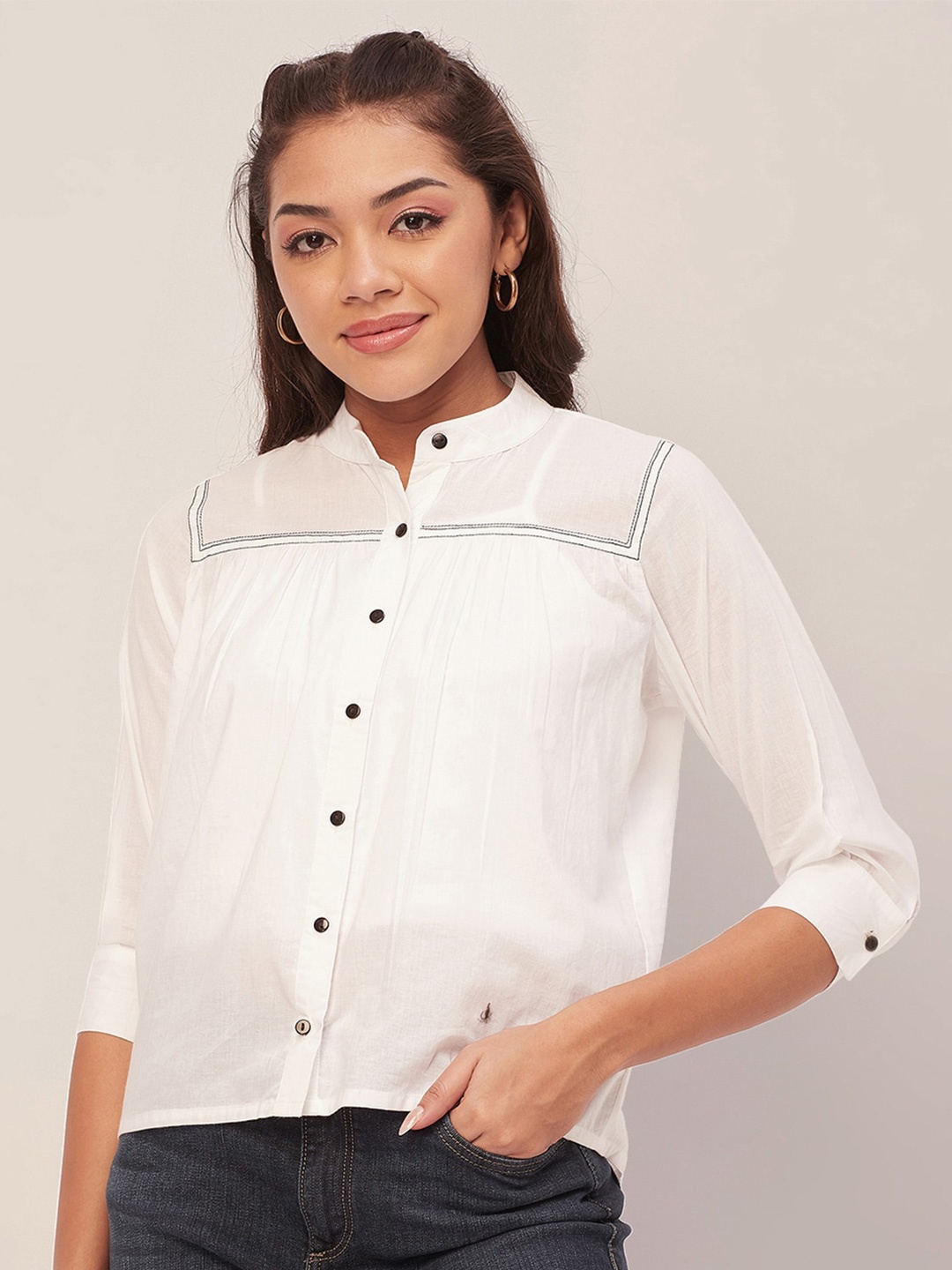 

Moomaya Mandarin Collar Classic Cotton Casual Shirt, White