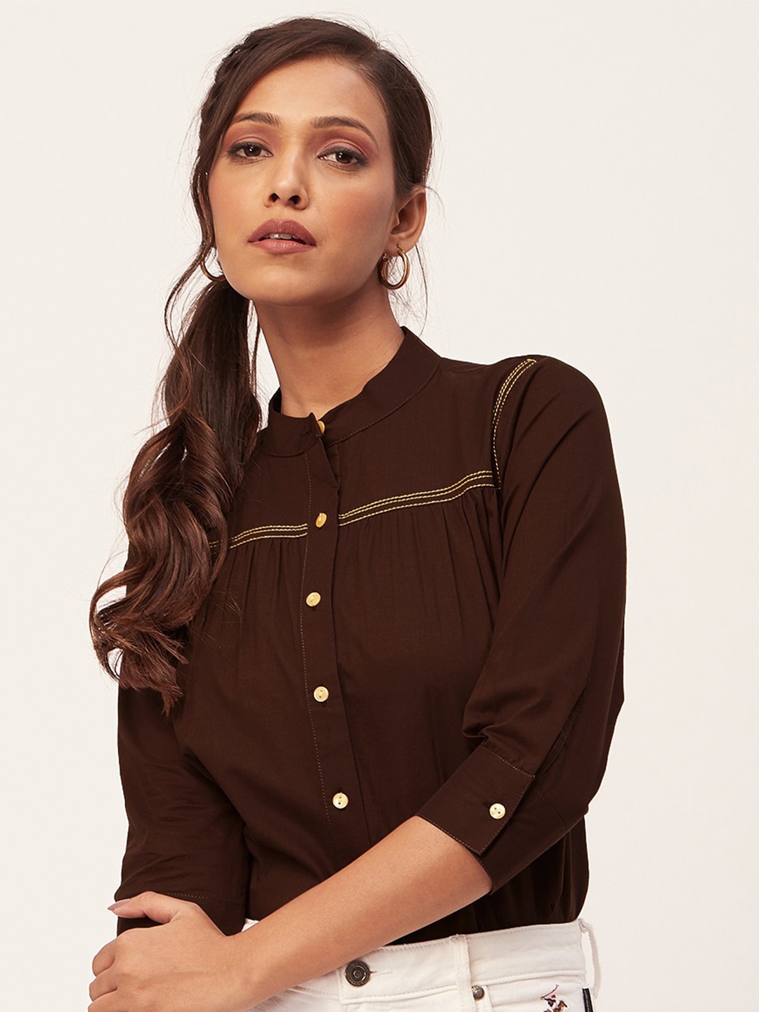 

Moomaya Mandarin Collar Classic Cotton Casual Shirt, Brown