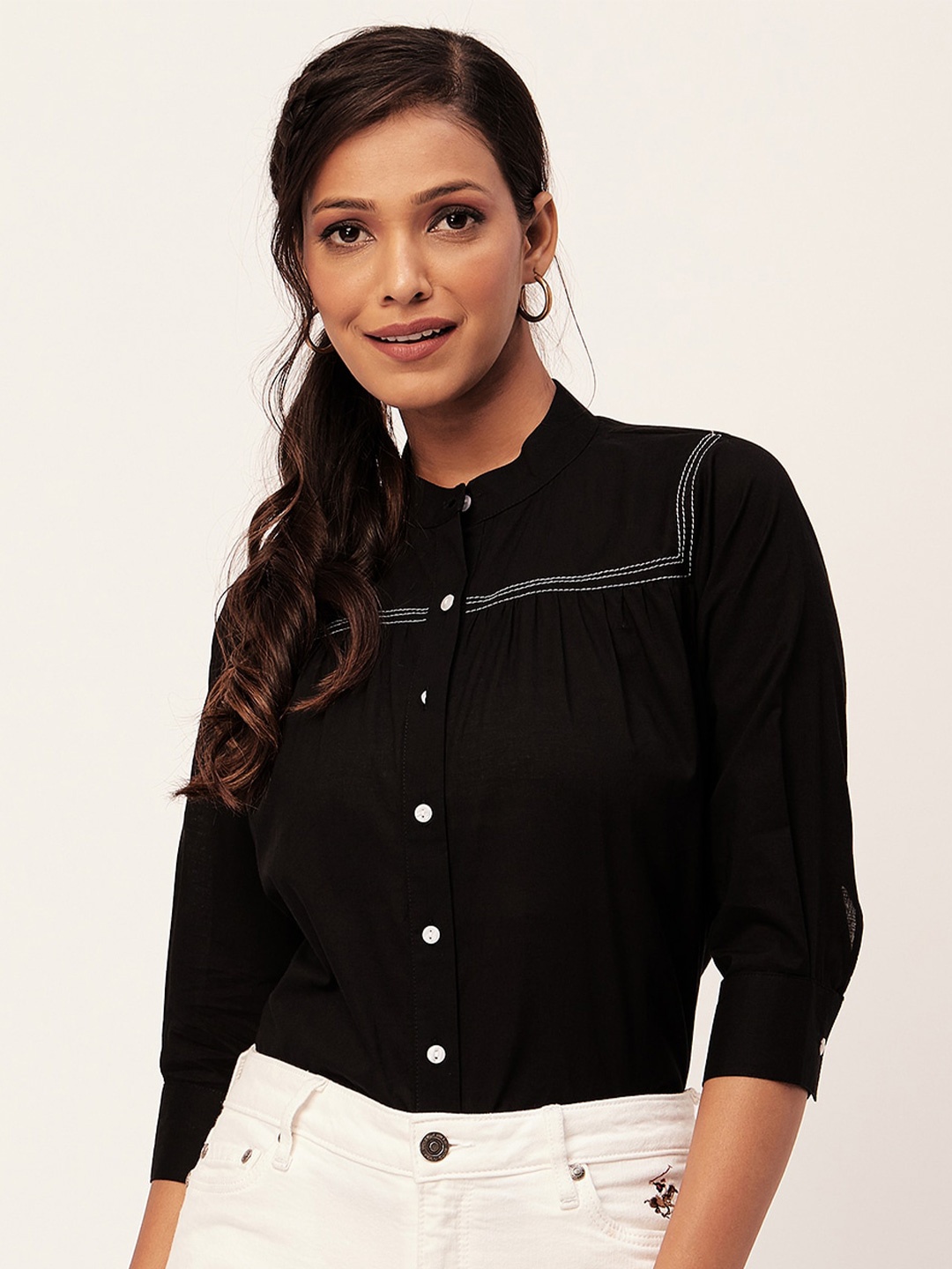 Moomaya Mandarin Collar Classic Cotton Casual Shirt, Black