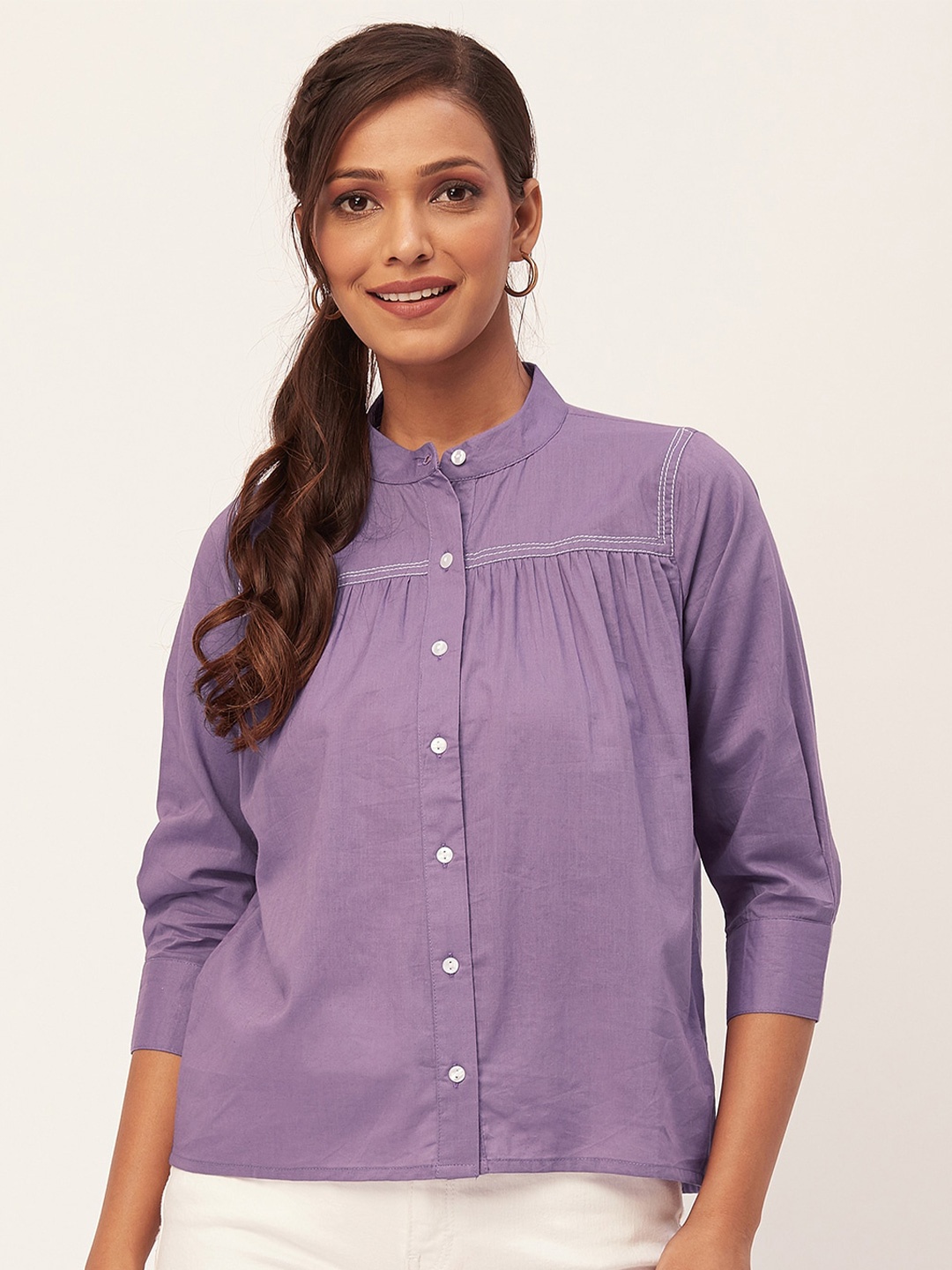 Moomaya Mandarin Collar Classic Cotton Casual Shirt, Purple