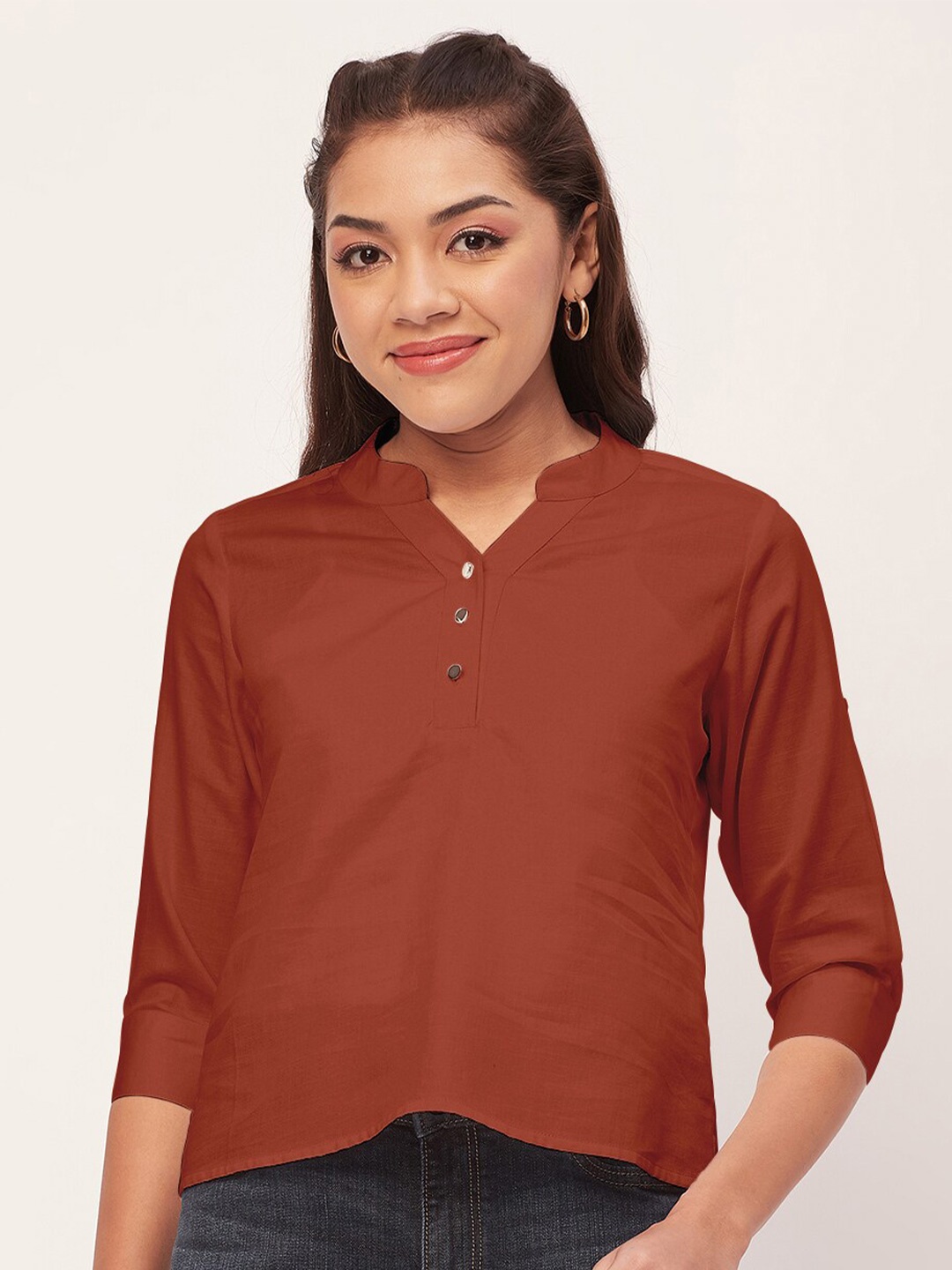 

Moomaya Solid Mandarin Collar Cotton Shirt Style Top, Rust
