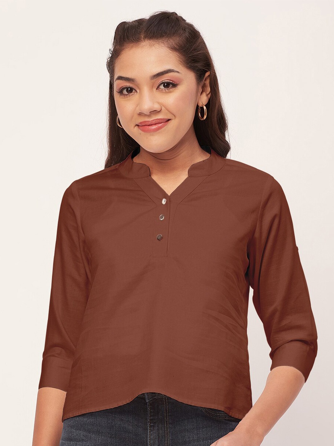 Moomaya Solid Mandarin Collar Cotton Shirt Style Top, Brown