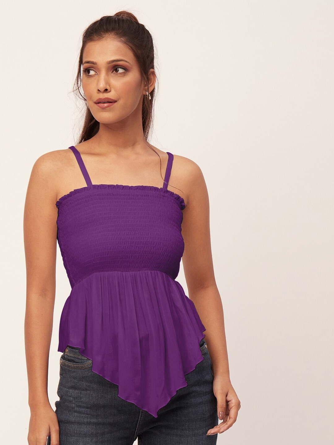 

Moomaya Shoulder Straps Sleeveless Smocked Cinched Waist Top, Purple