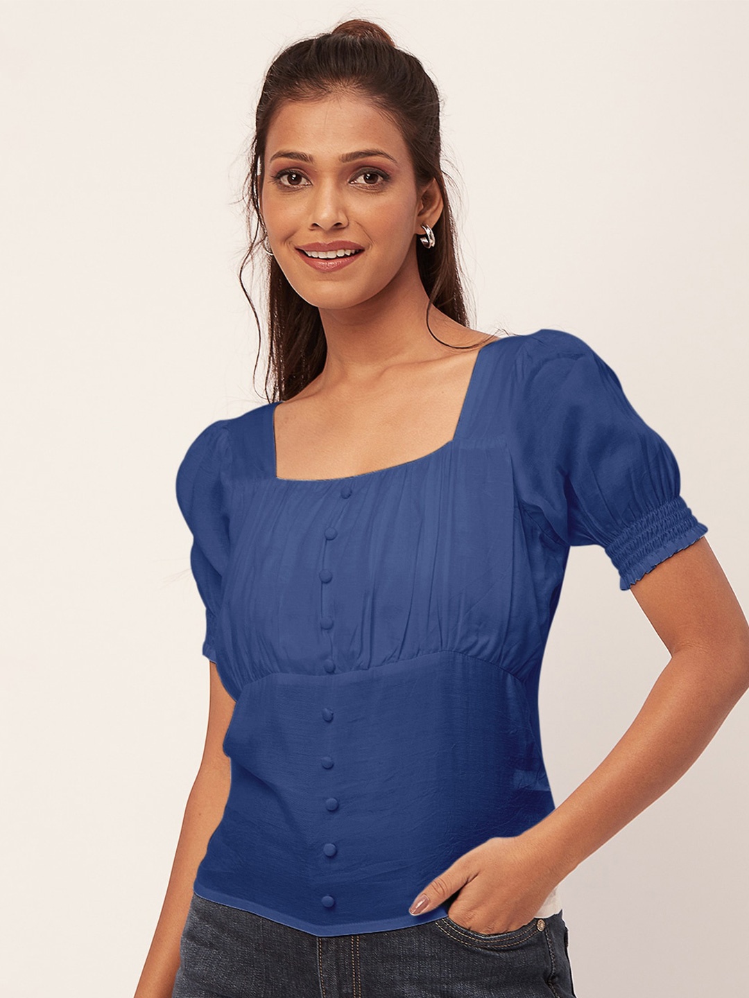 Moomaya Square Neck Puff Sleeves Gathered Casual Top, Blue