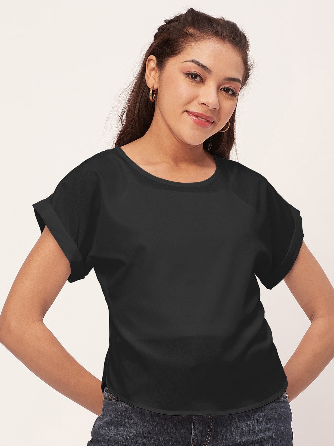 

Moomaya Round Neck Extended Sleeves Casual Top, Black