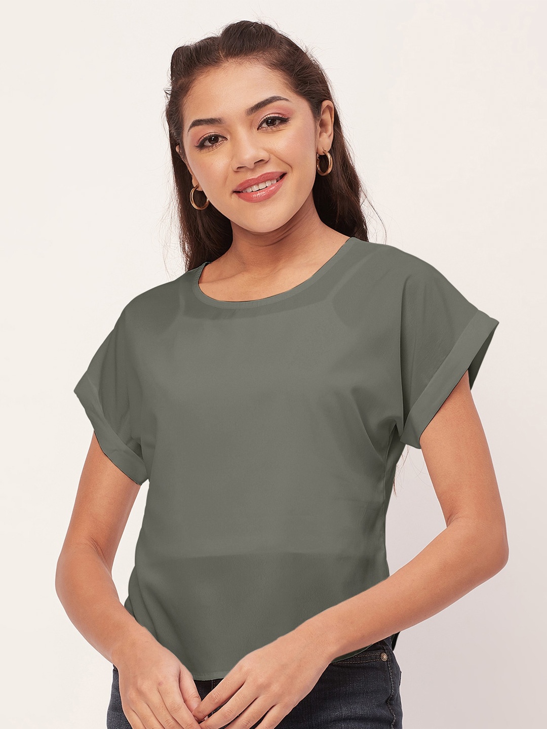 

Moomaya Round Neck Extended Sleeves Casual Top, Grey