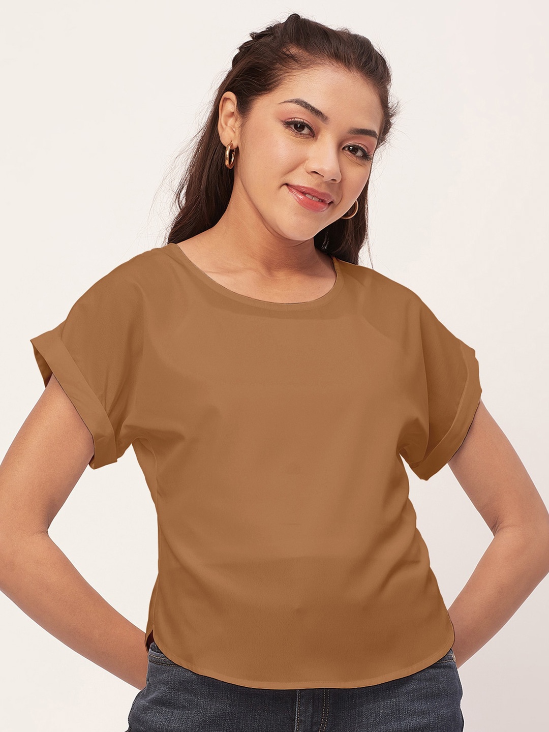 

Moomaya Round Neck Extended Sleeves Casual Top, Brown