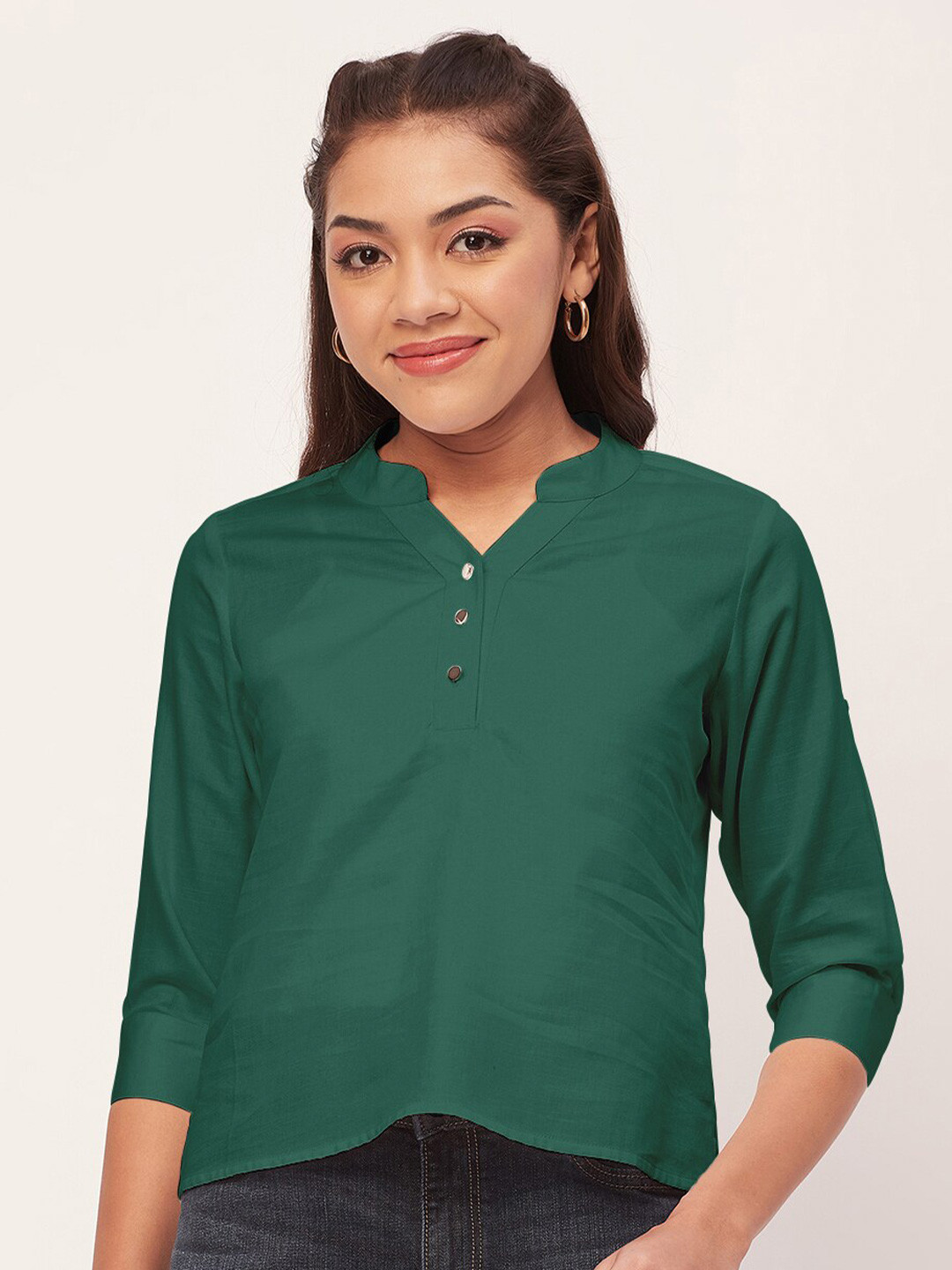 

Moomaya Mandarin Collar Cuffed Sleeves Cotton Top, Teal