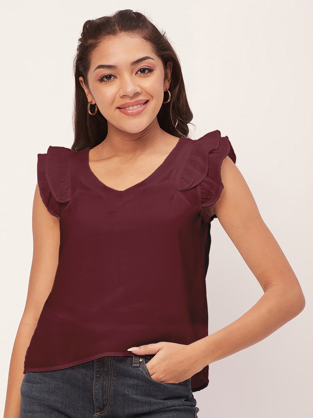 Moomaya V-Neck Flutter Sleeves Top, Maroon