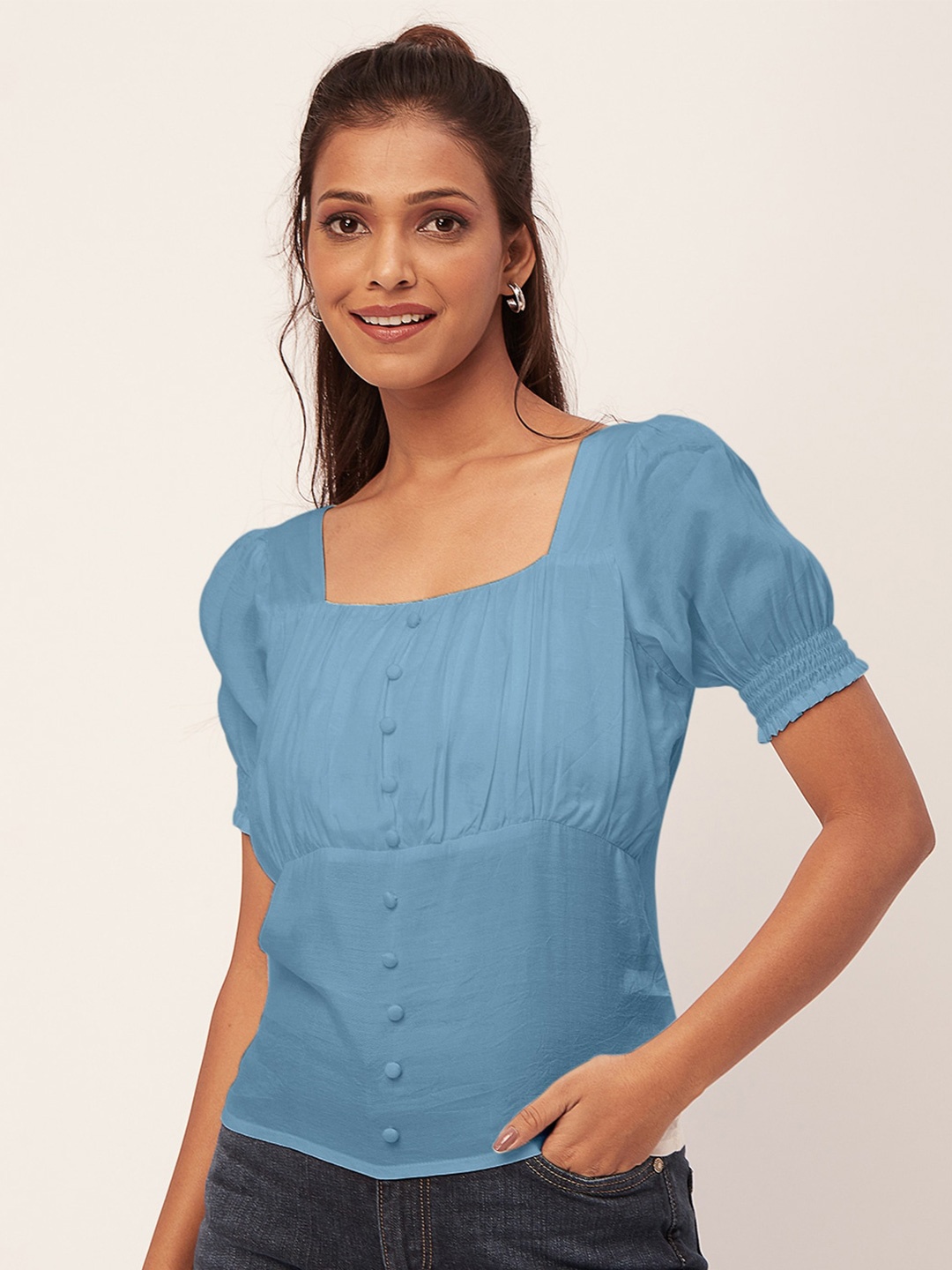 Moomaya Square Neck Puff Sleeve Top, Blue