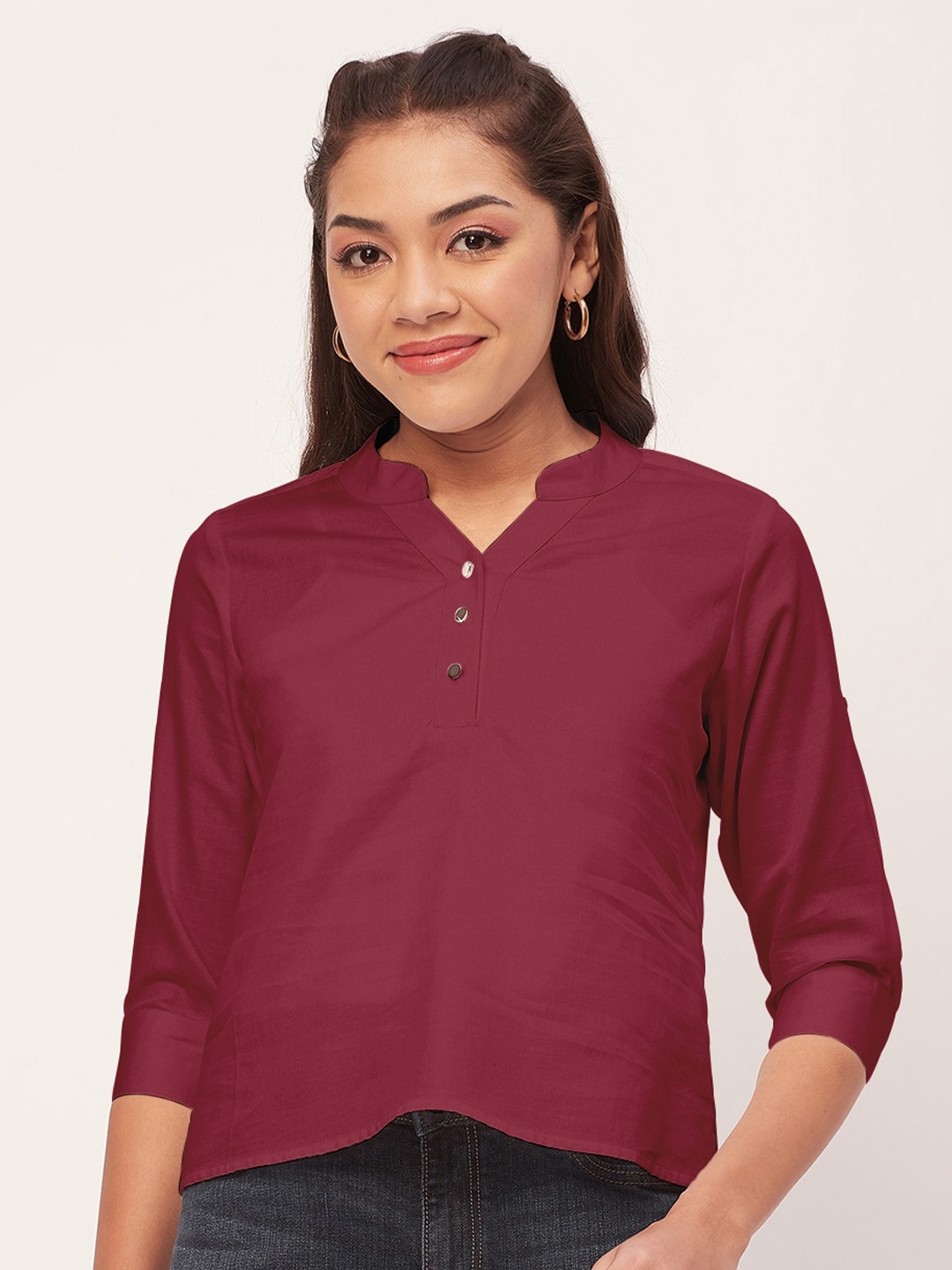 

Moomaya Mandarin Collar Cotton Shirt Style Top, Magenta