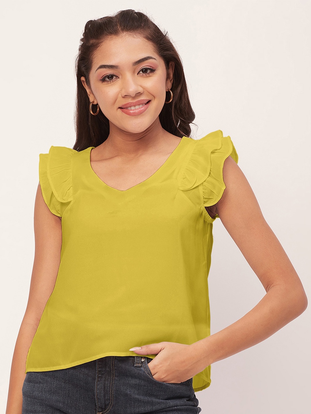 

Moomaya V-Neck Flutter Sleeves Top, Yellow
