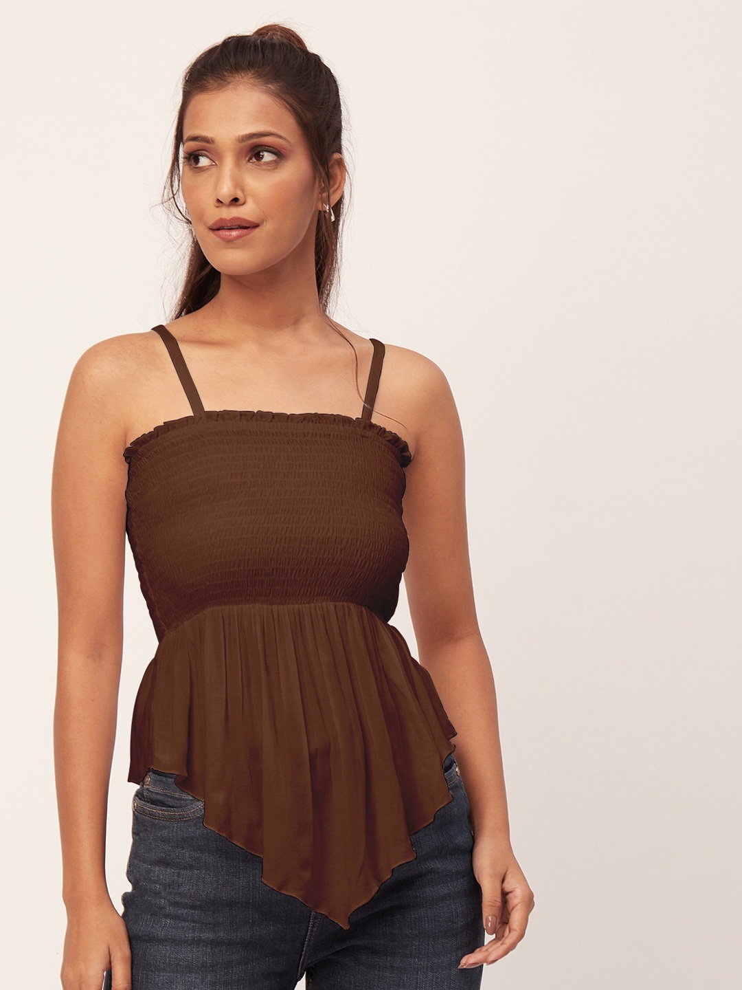 

Moomaya Smocked Shoulder Straps Top, Brown