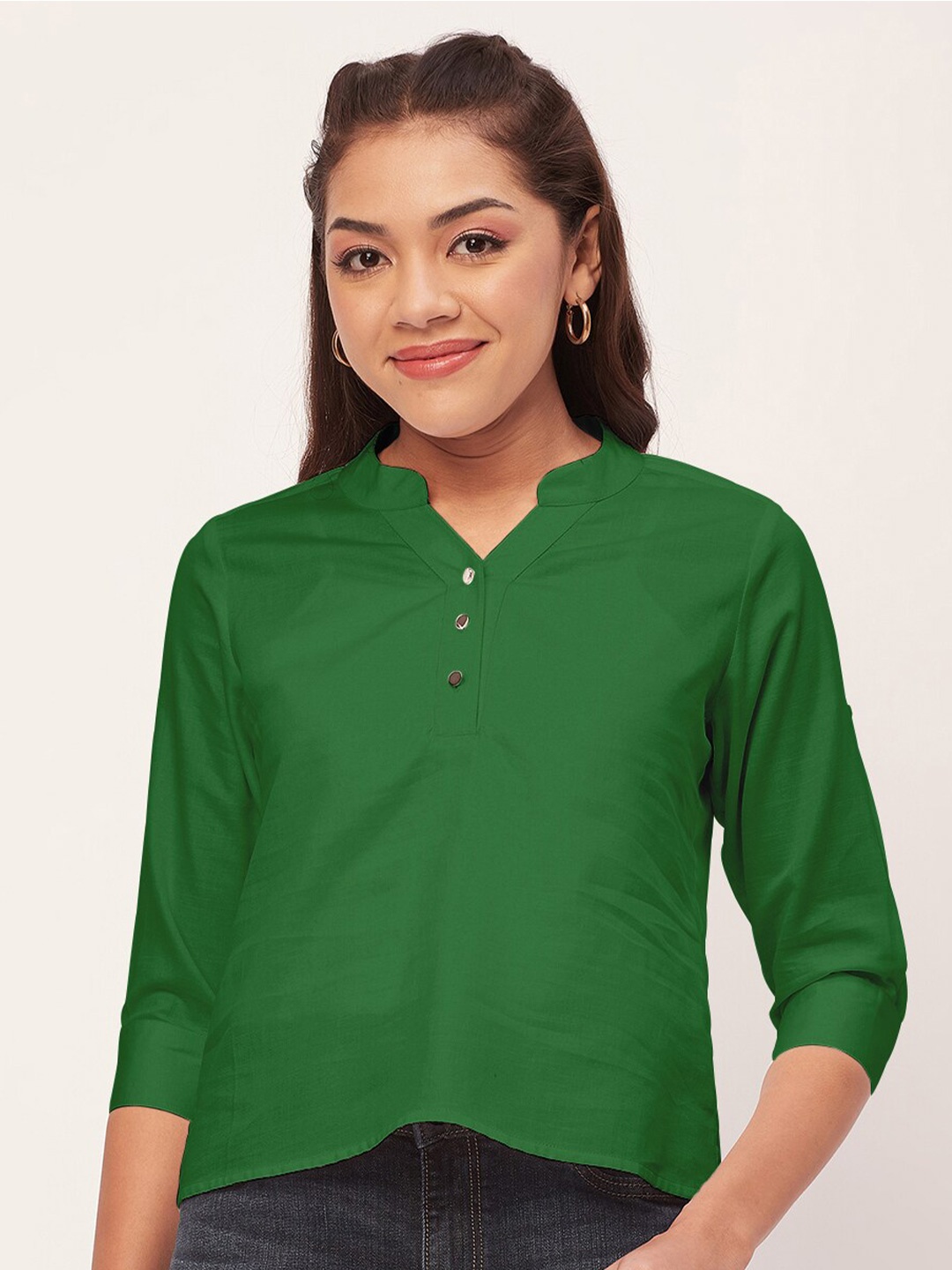 Moomaya Mandarin Collar Cotton Shirt Style Top, Green