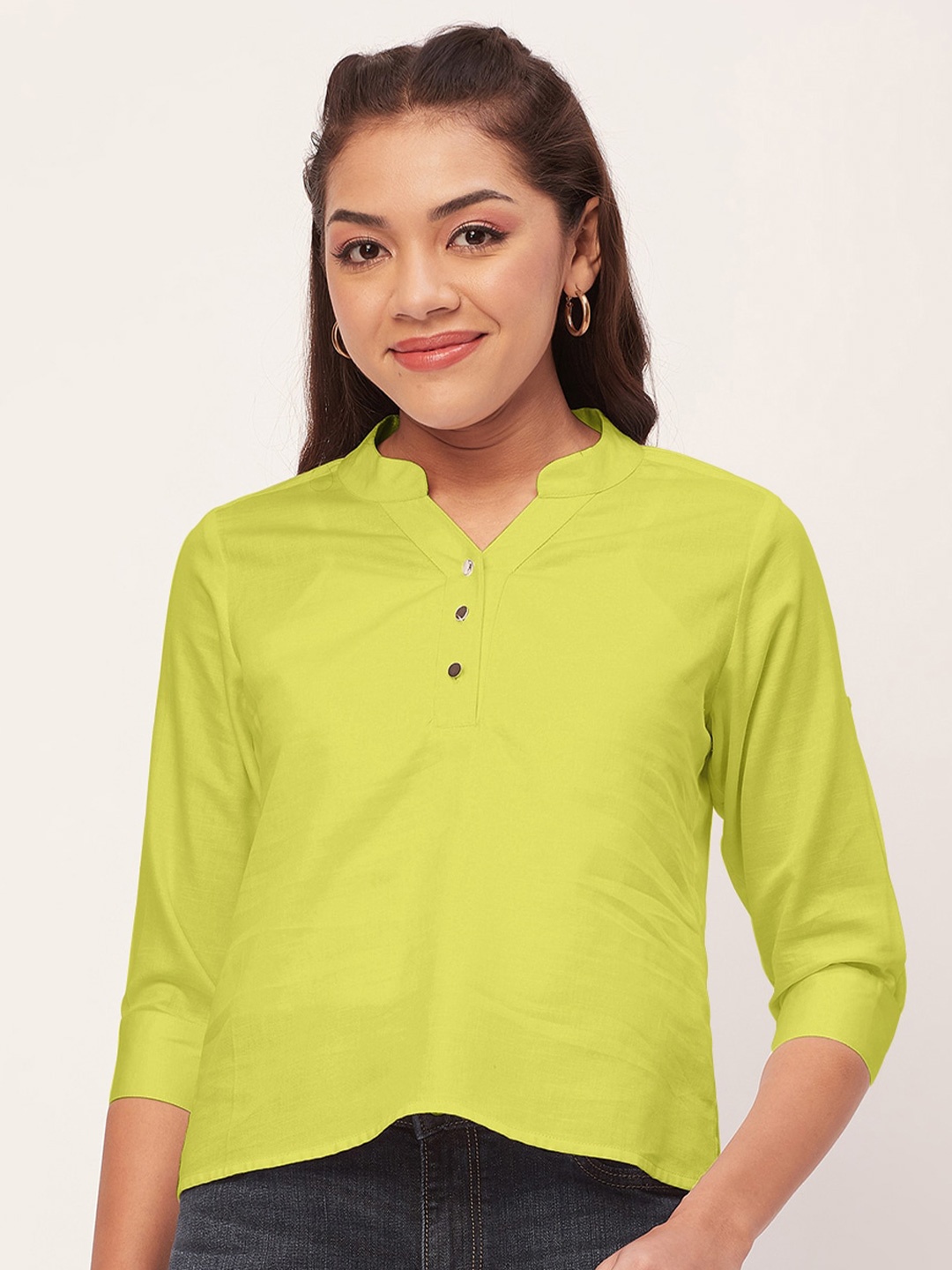 

Moomaya Mandarin Collar Cotton Top, Yellow