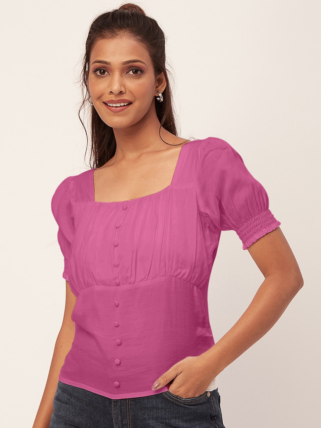 

Moomaya Square Neck Puff Sleeve Top, Pink