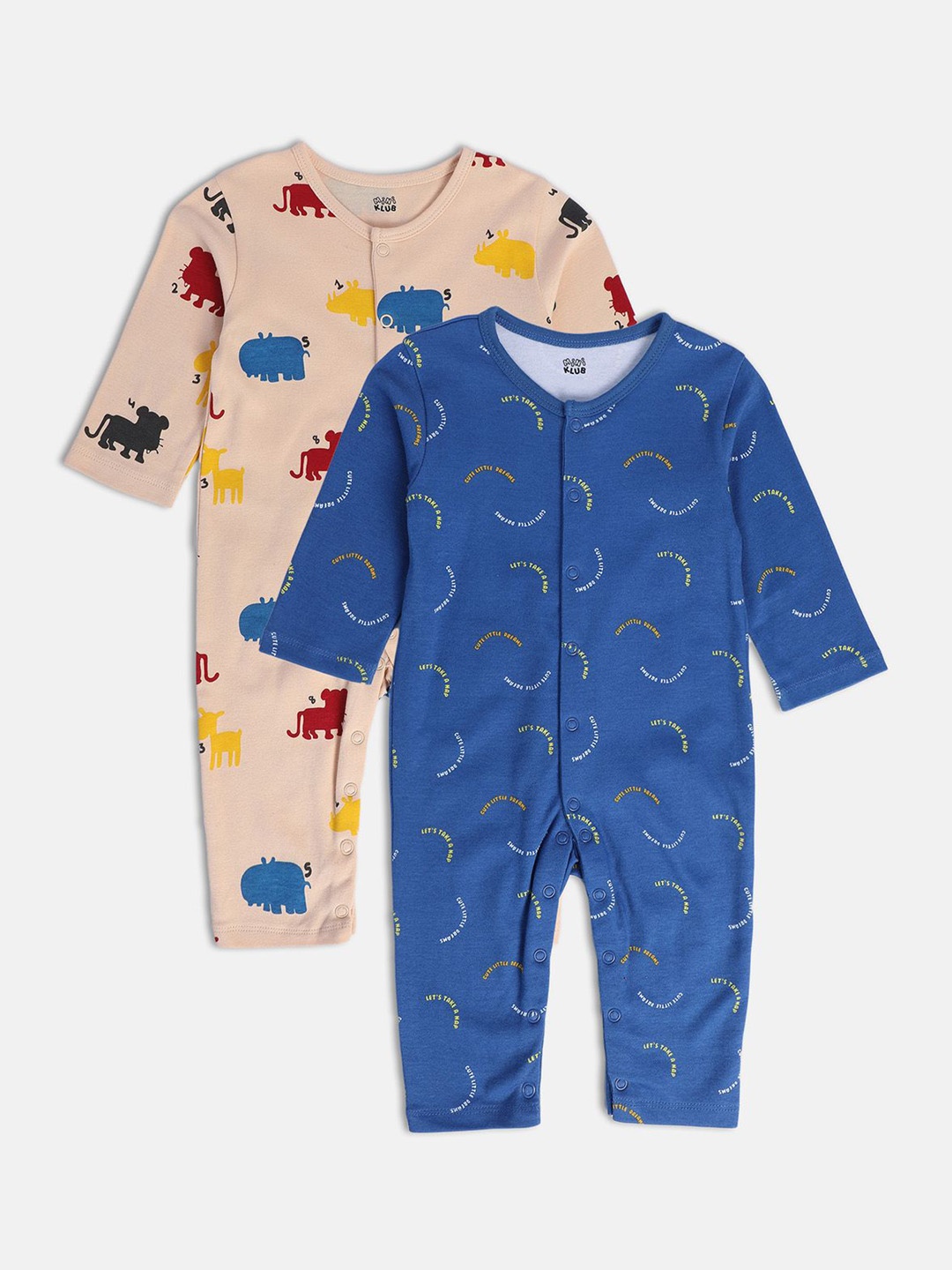 

MINI KLUB Boys Pack Of 2 Printed Pure Cotton Rompers, Blue