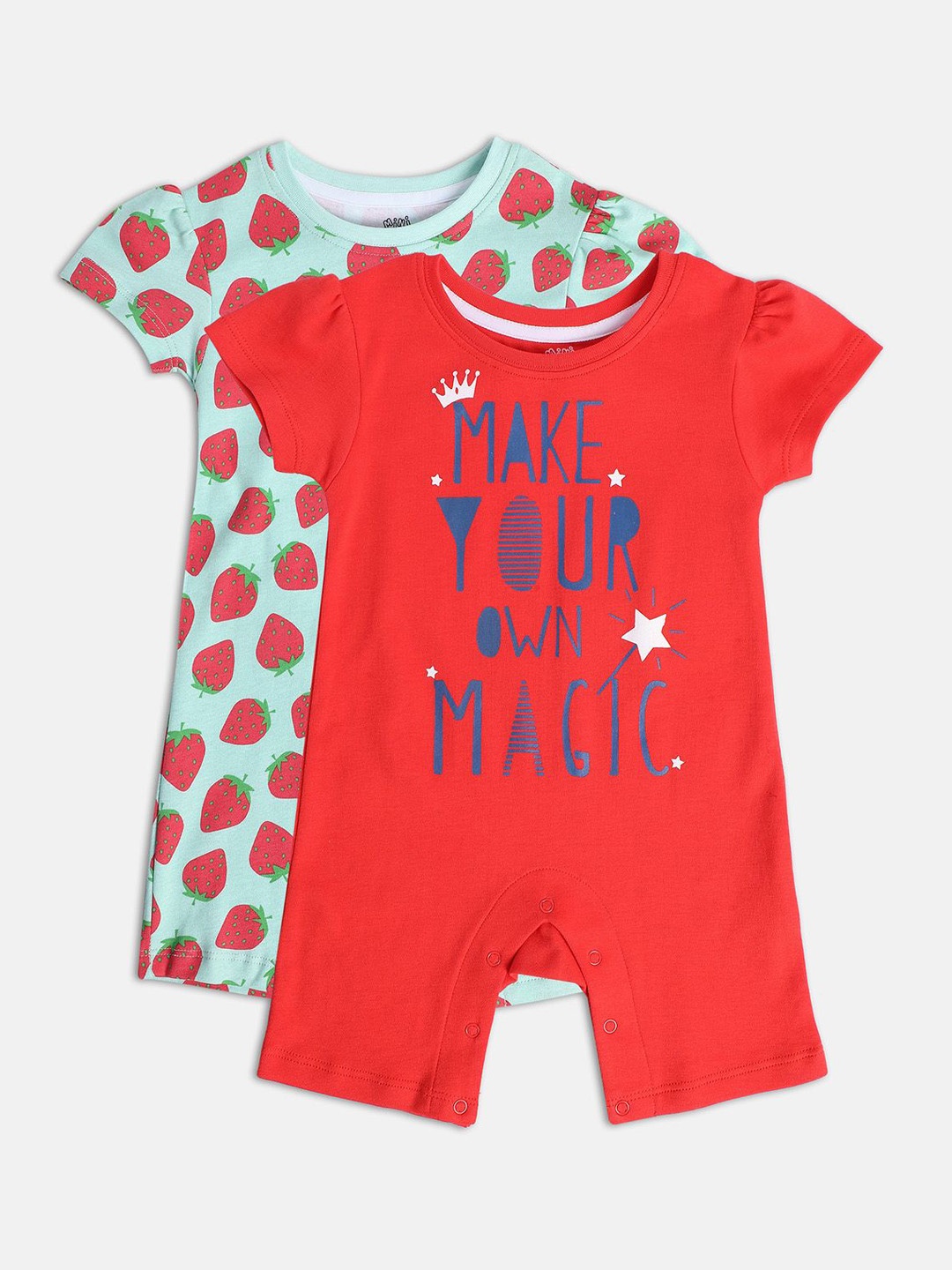 MINI KLUB Girls Pack Of 2 Printed Pure Cotton Rompers, Red