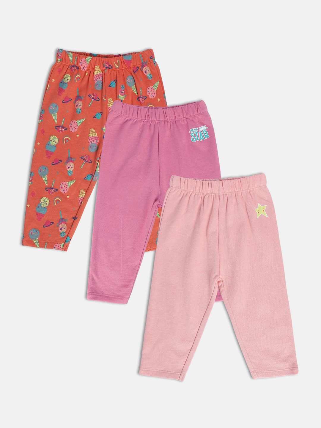 

MINI KLUB Infant Girls Pack Of 3 Pure Cotton Ankle-Length Leggings, Orange