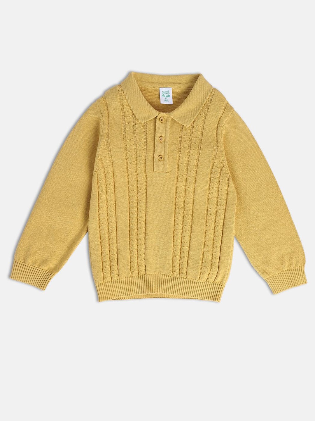 MINI KLUB Boys Cable Knit Self Design Polo Collar Cotton Pullover Sweater, Mustard