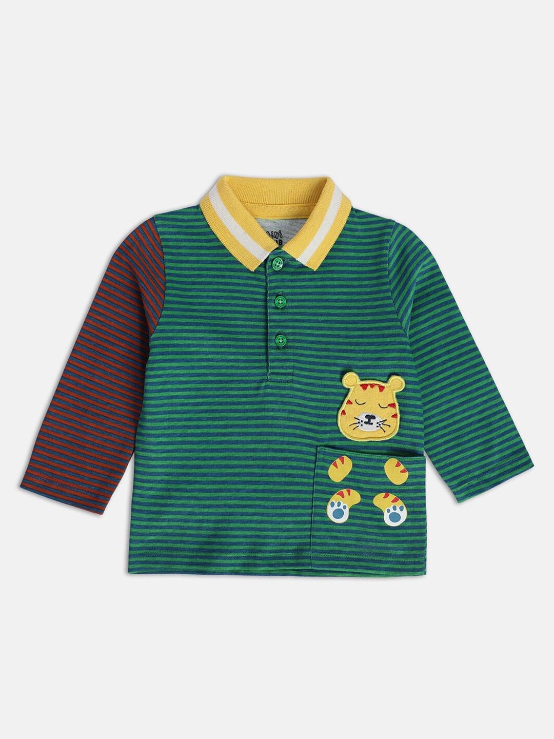 

MINI KLUB Infants Boys Striped Polo Collar Long Sleeves Applique Cotton T-shirt, Green