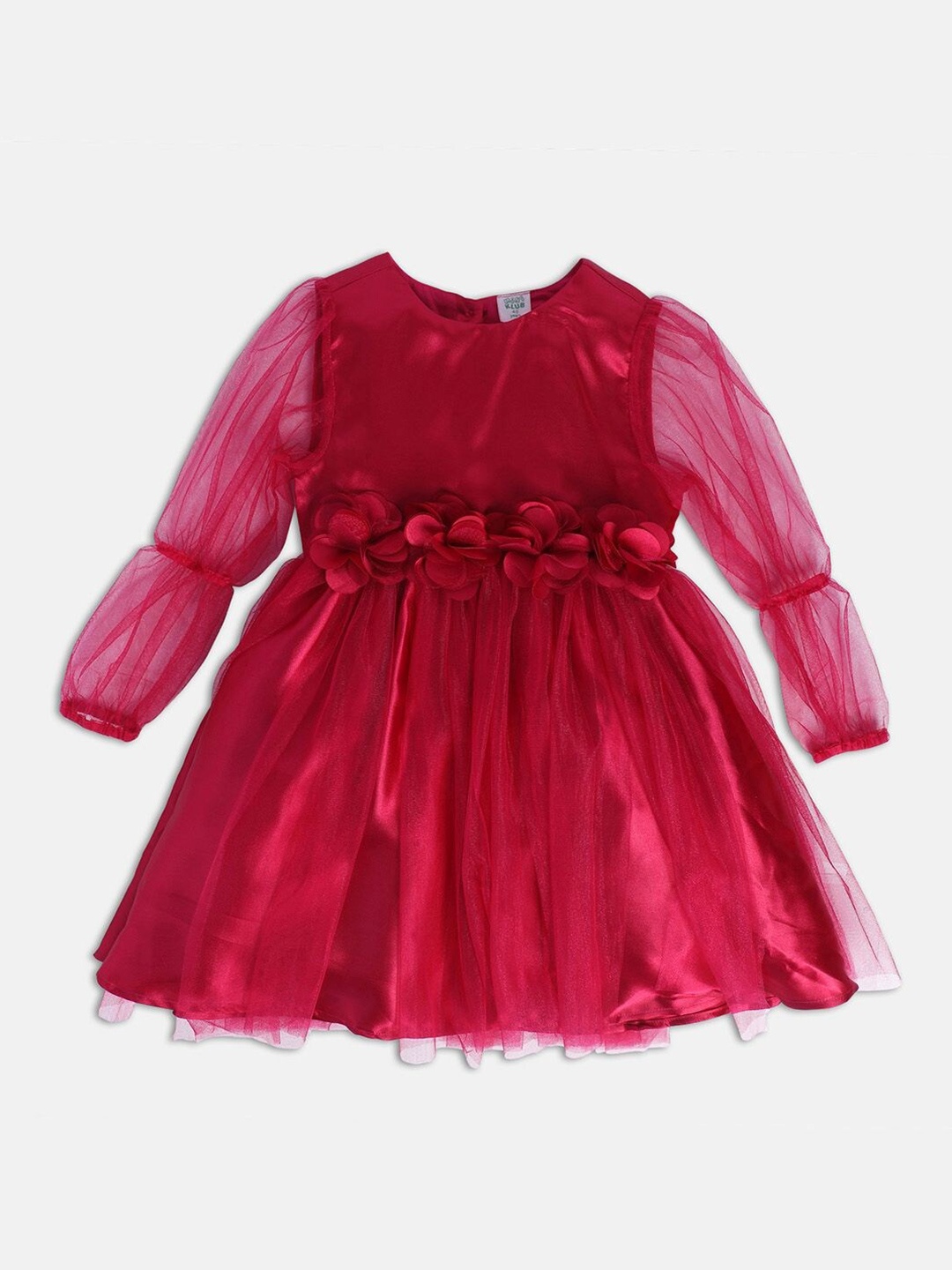 

MINI KLUB Round Neck Puff Sleeves Gathered Pure Cotton Fit & Flare Dress, Maroon