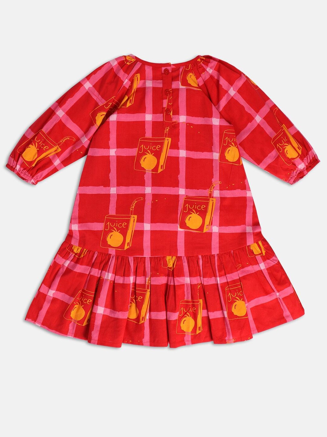 

MINI KLUB Checked Puff Sleeves Drop-Waist Dress, Red