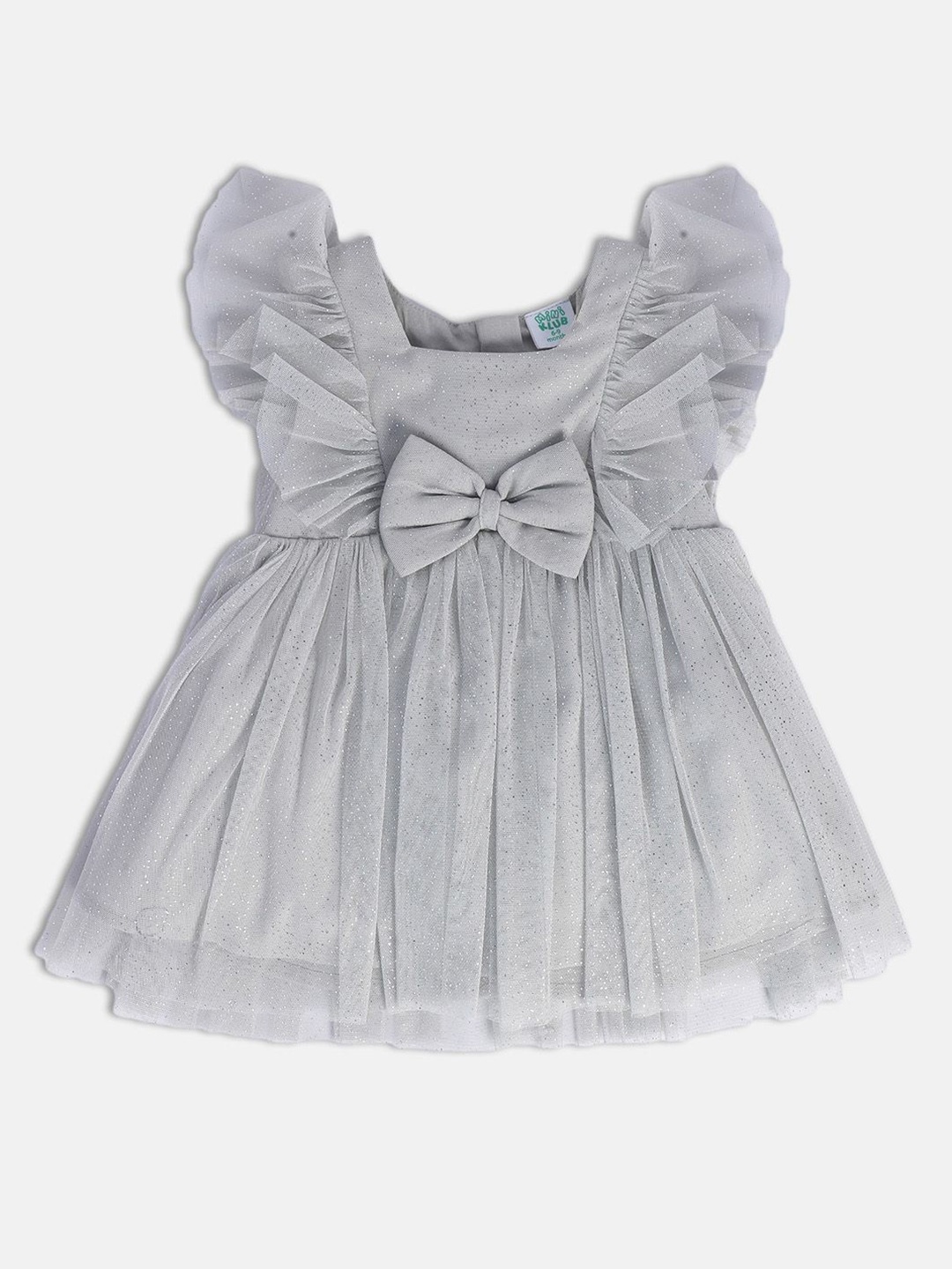 

MINI KLUB Embellished Square Neck Flutter Sleeves Bow Pure Cotton Fit & Flare Dress, Grey
