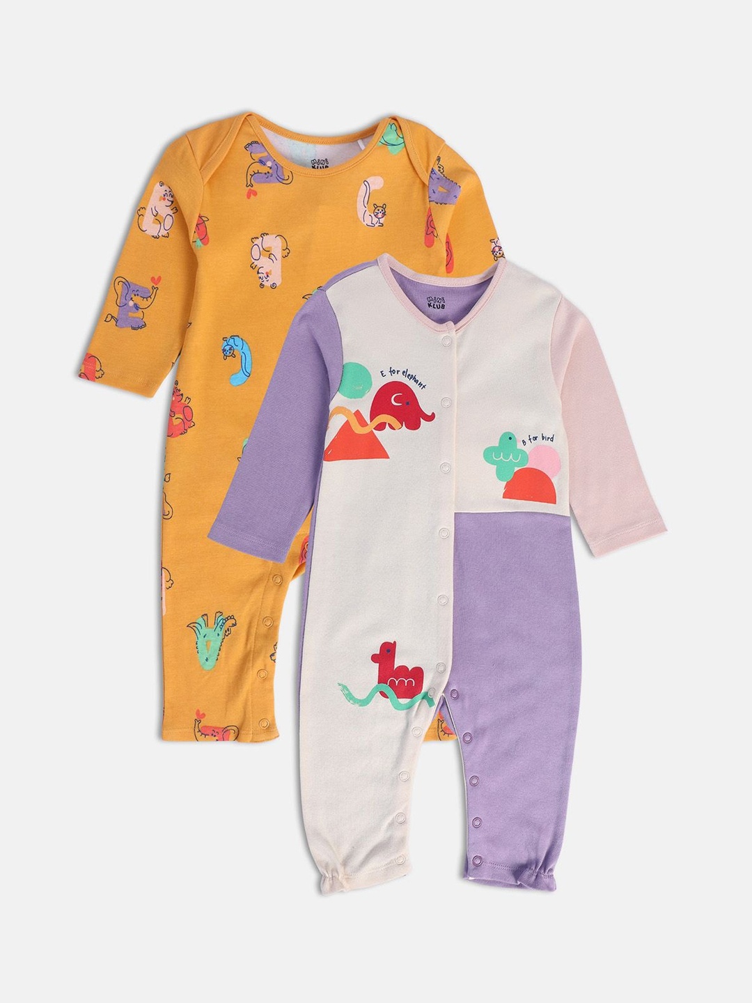 

MINI KLUB Grils Pack Of 2 Printed Pure Cotton Rompers, Orange