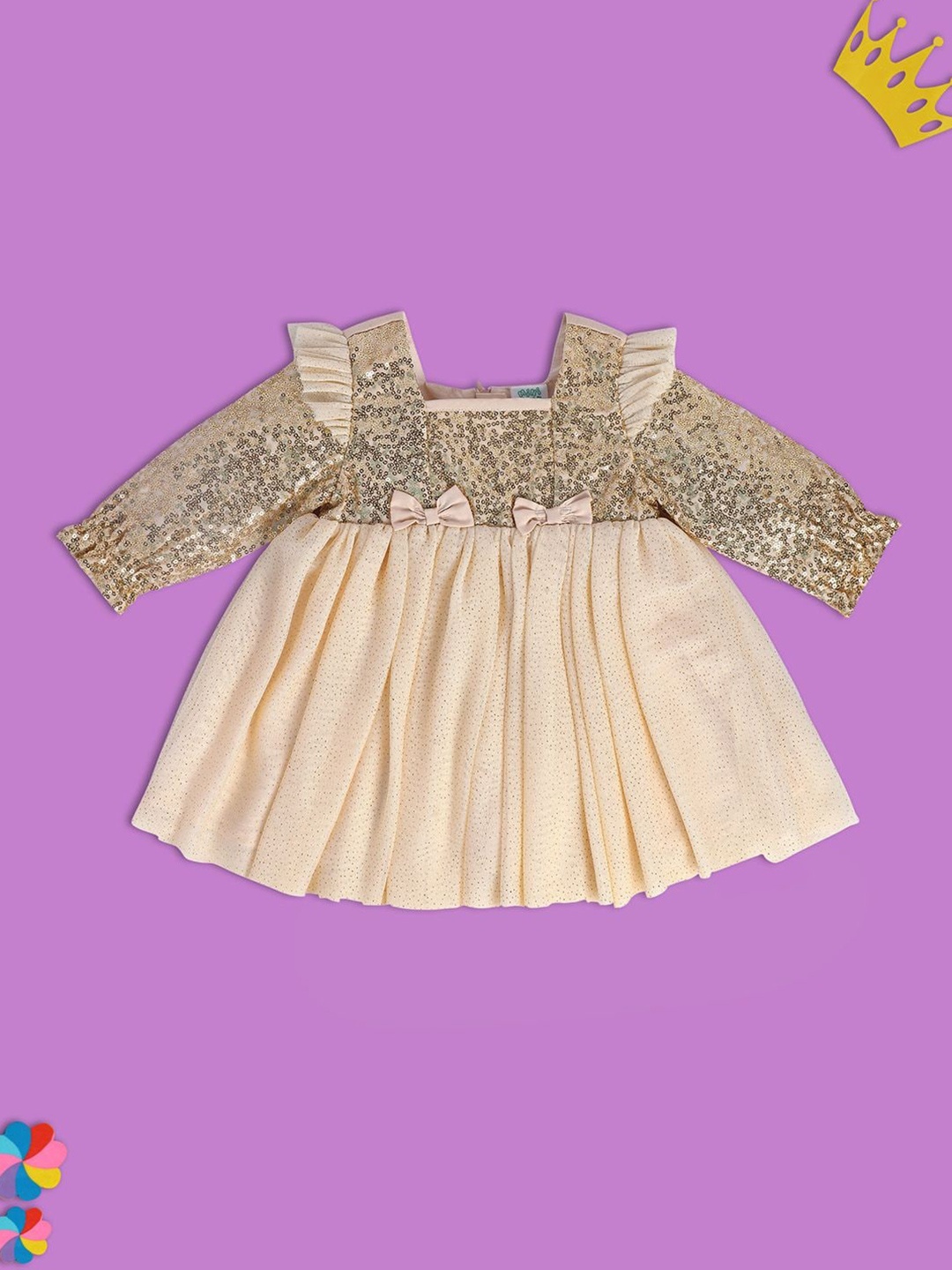 

MINI KLUB Square Neck Sequinned Pure Cotton A-Line Dress, Beige