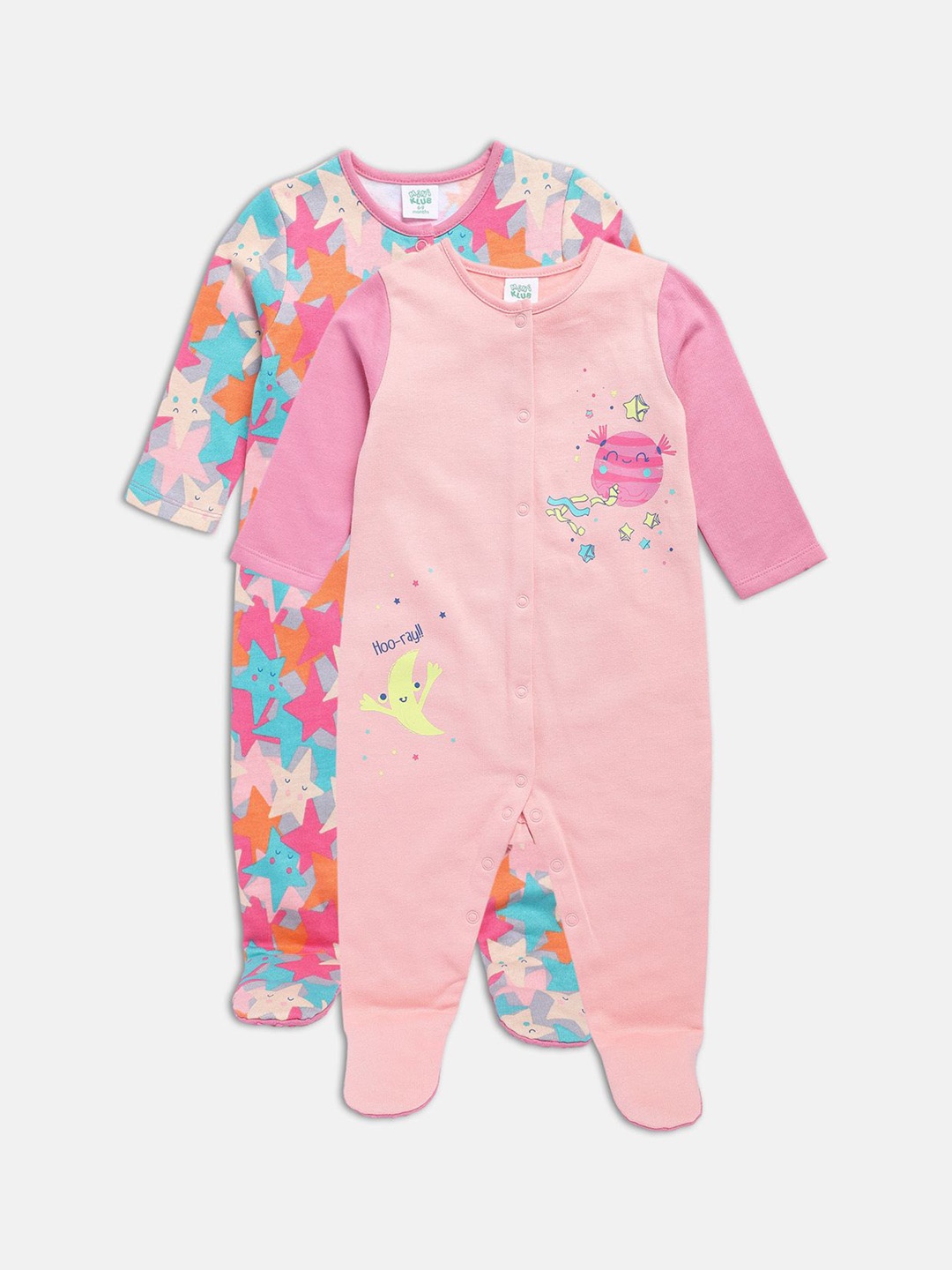 

MINI KLUB Infant Girls Pack Of 2 Self-Designed Pure Cotton Sleepsuits, Pink
