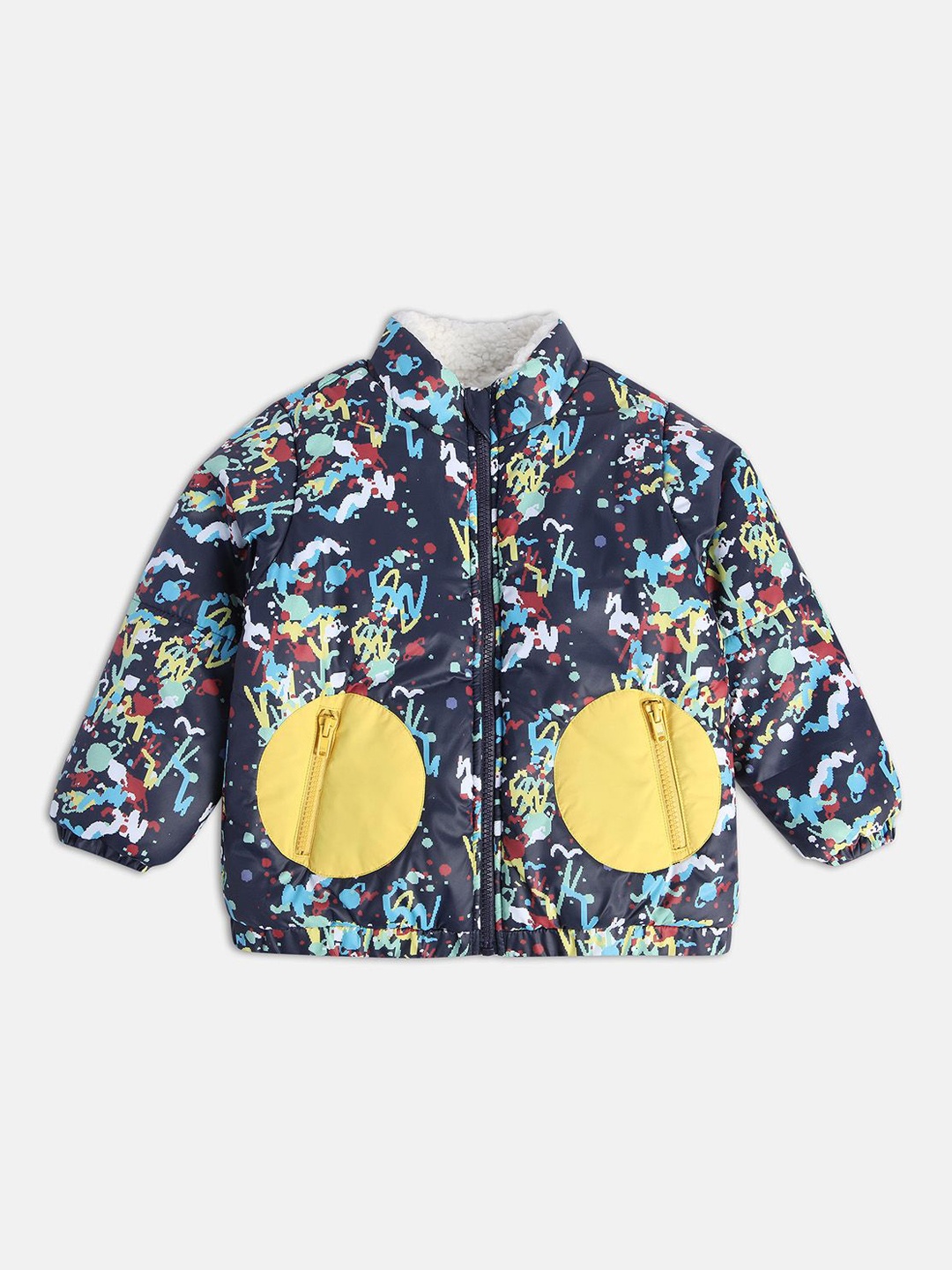 

MINI KLUB Boys Abstract Printed Mock Collar Lightweight Crop Padded Jacket, Navy blue