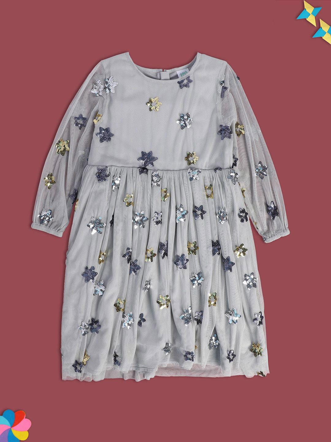 

MINI KLUB Girls Embellished A-Line Cotton Dress, Grey