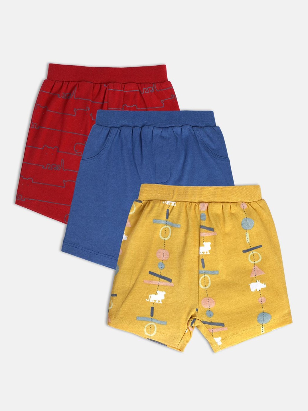 

MINI KLUB Boys Pack Of 3 Printed Regular Fit Mid-Rise Pure Cotton Shorts, Red