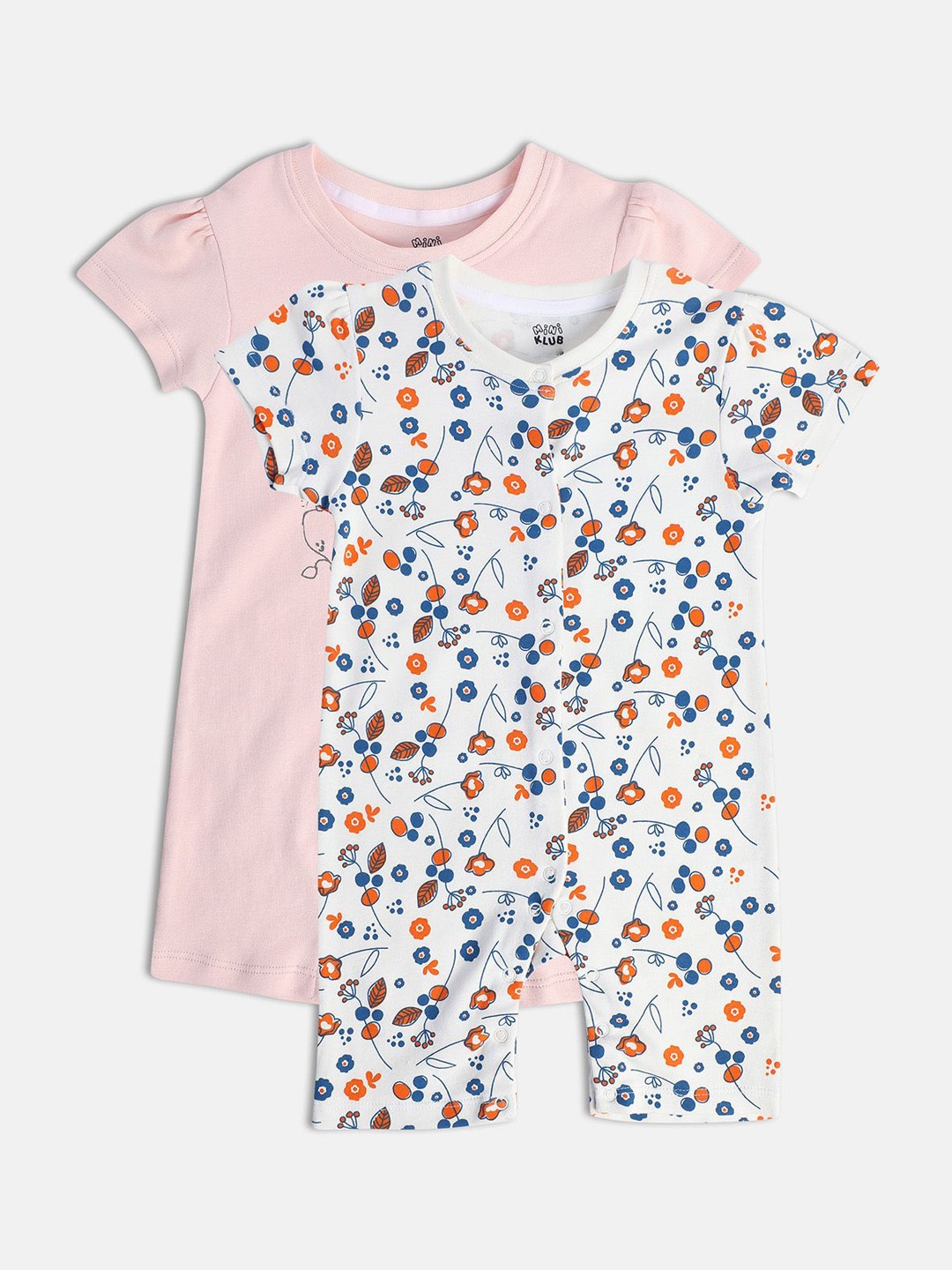 

MINI KLUB Infant Girls Pack Of 2 Printed Pure Cotton Rompers, Peach
