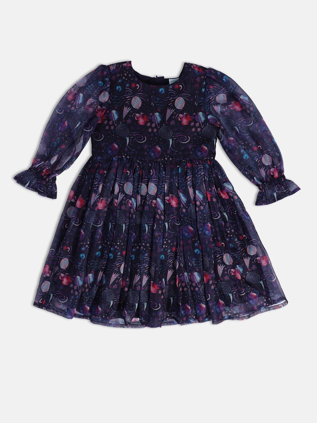 

MINI KLUB Girls Graphic Printed Fit & Flare Cotton Dress, Navy blue