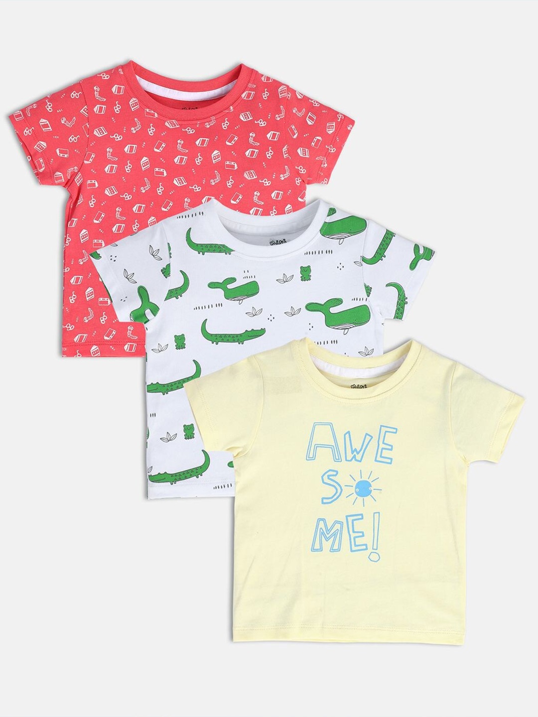 

MINI KLUB Boys Pack Of 3 Conversational Printed Pure Cotton Casual T-shirt, White