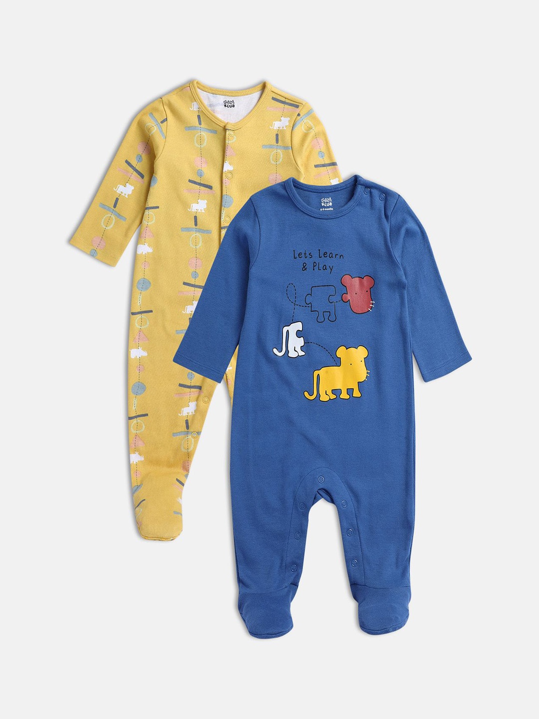 

MINI KLUB Infant Boys Pack Of 2 Printed Pure Cotton Sleepsuits, Yellow