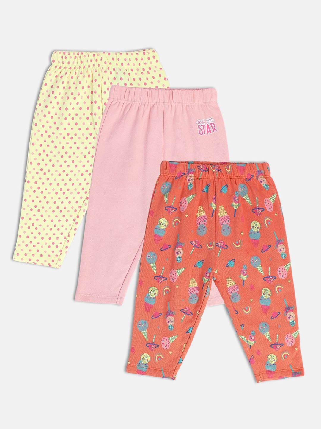 

MINI KLUB Infant Girls Pack Of 3 Pure Cotton Ankle-Length Leggings, Orange