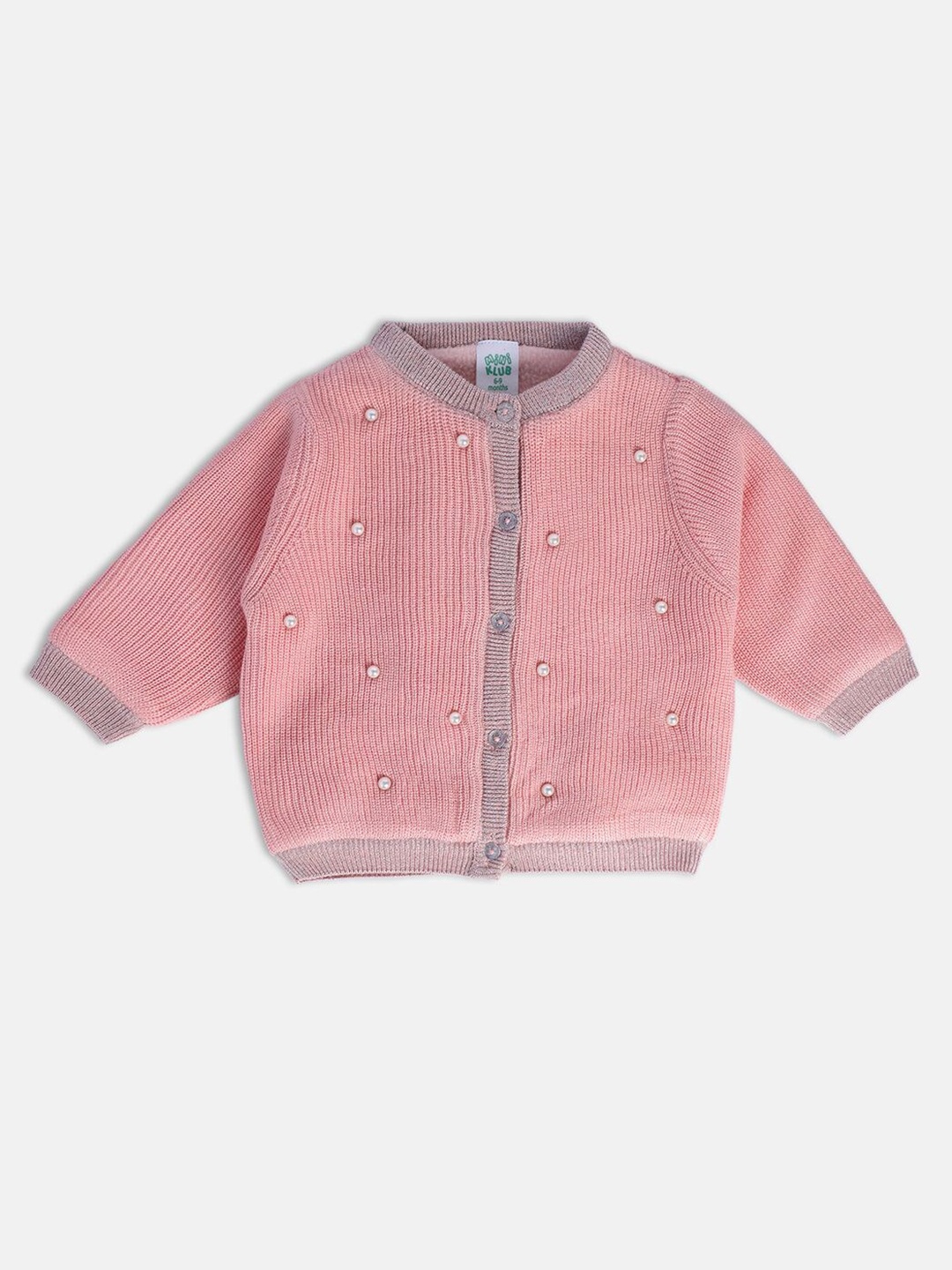 MINI KLUB Girls Cable Knit Self Designed Acrylic Cardigan, Pink