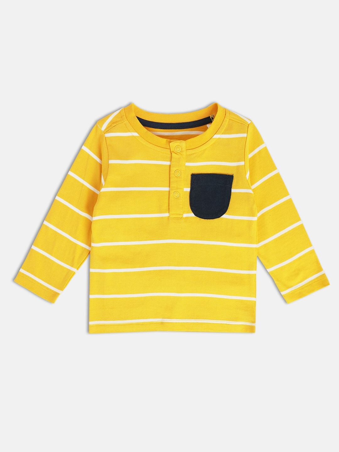 MINI KLUB Boys Striped Henley Neck Pure Cotton Casual T-shirt, Yellow