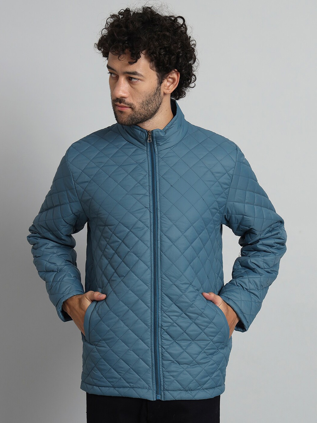 GLITO Mock Collar Long Sleeves Insulator Longline Quilted Jacket, Blue