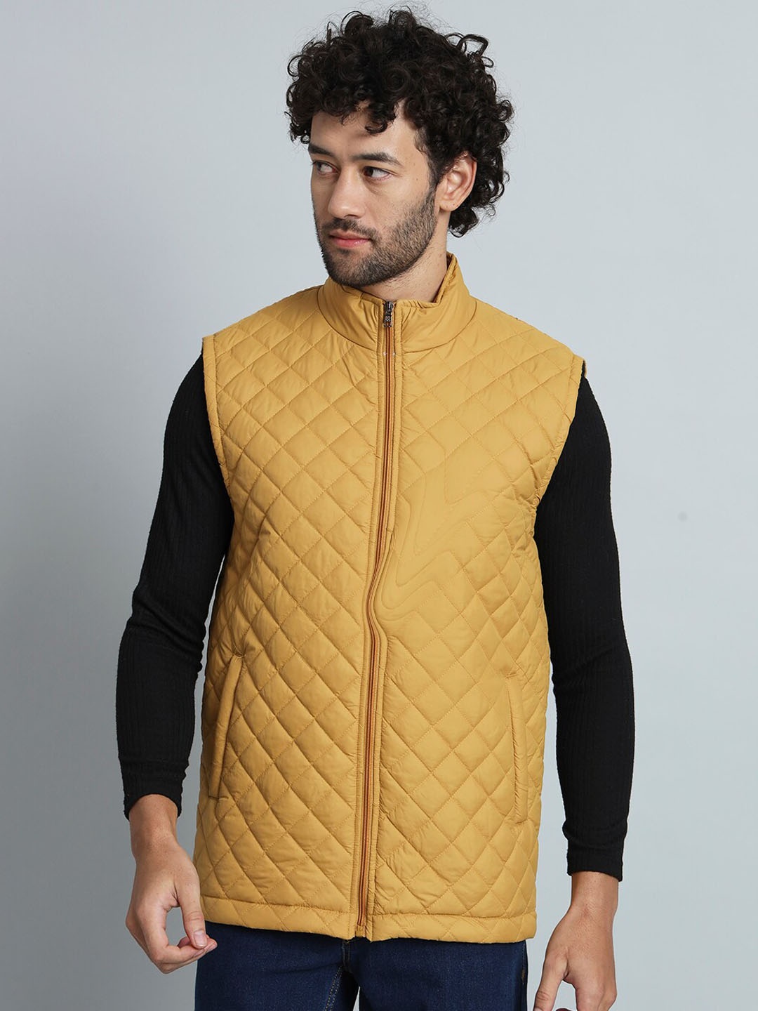 

GLITO Mock Collar Sleeveless Insulator Longline Quilted Jacket, Yellow