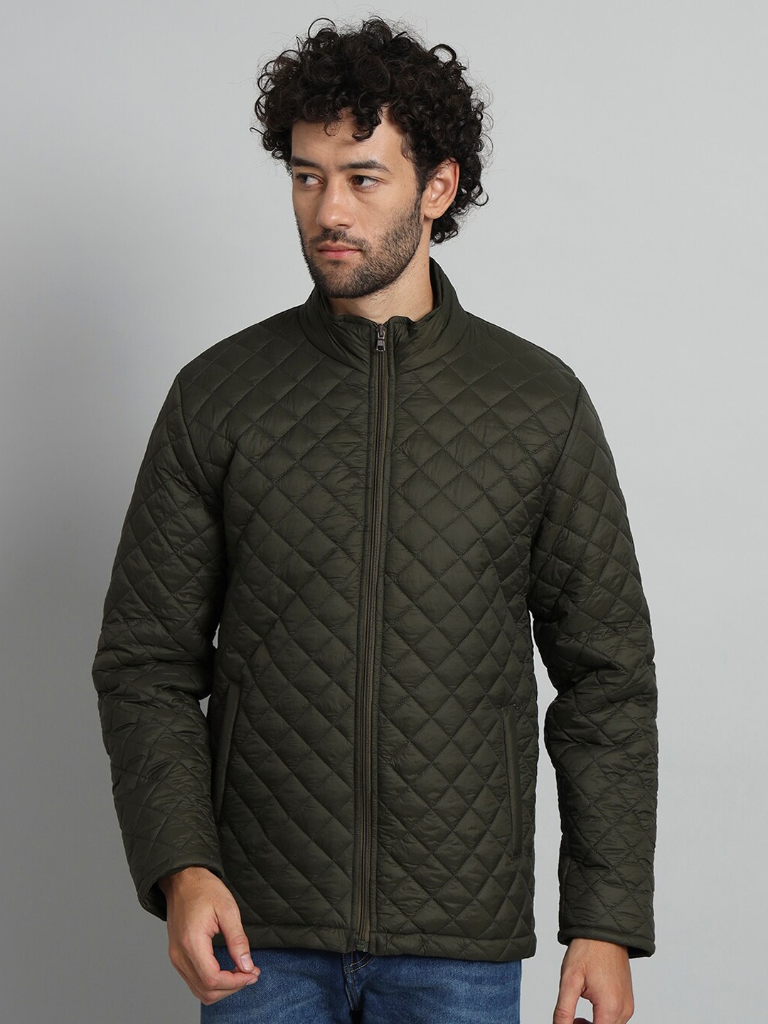 

GLITO Mock Collar Long Sleeves Insulator Longline Quilted Jacket, Olive