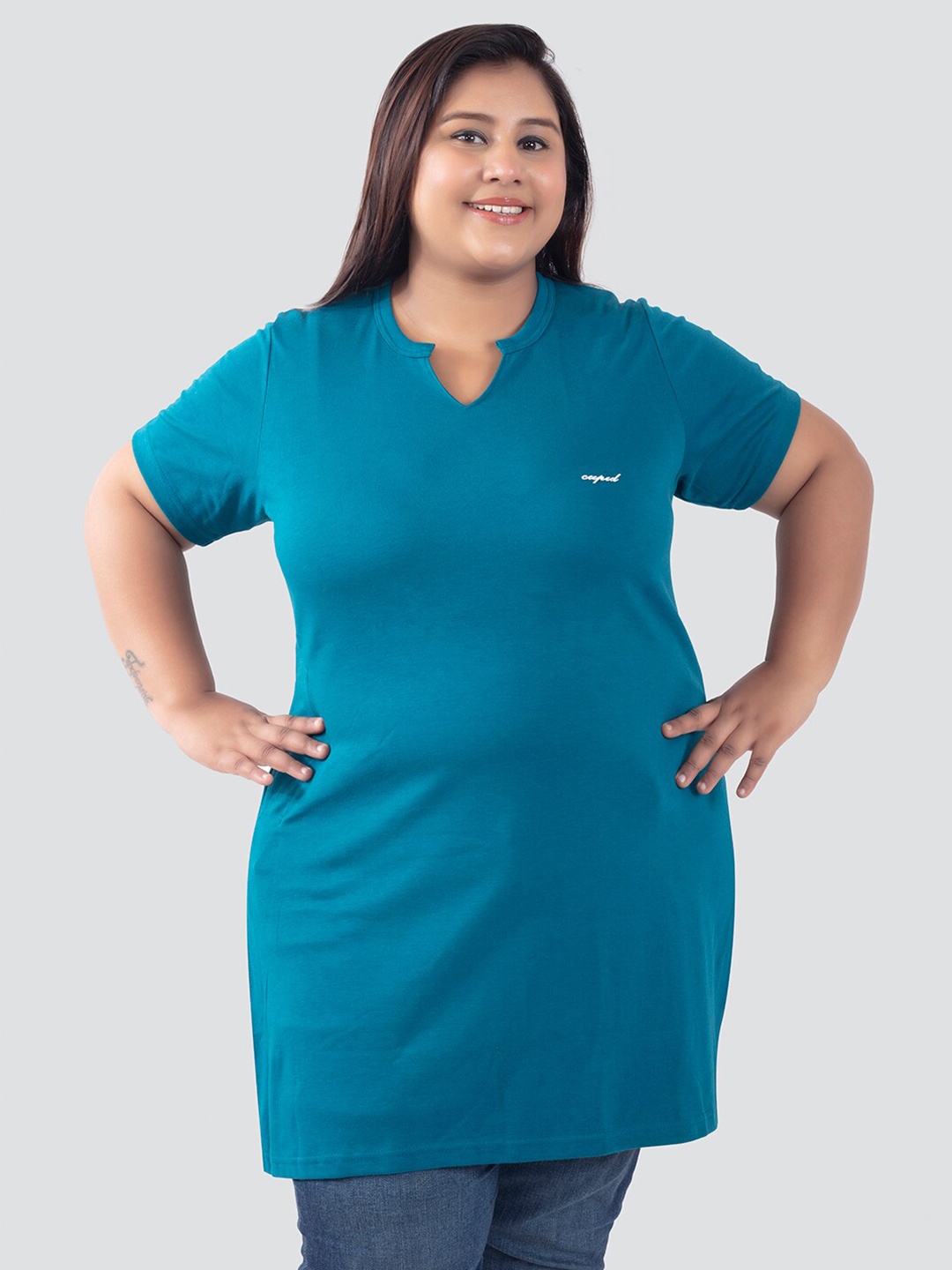 

CUPID Plus Size Cotton Longline Regular Top, Teal