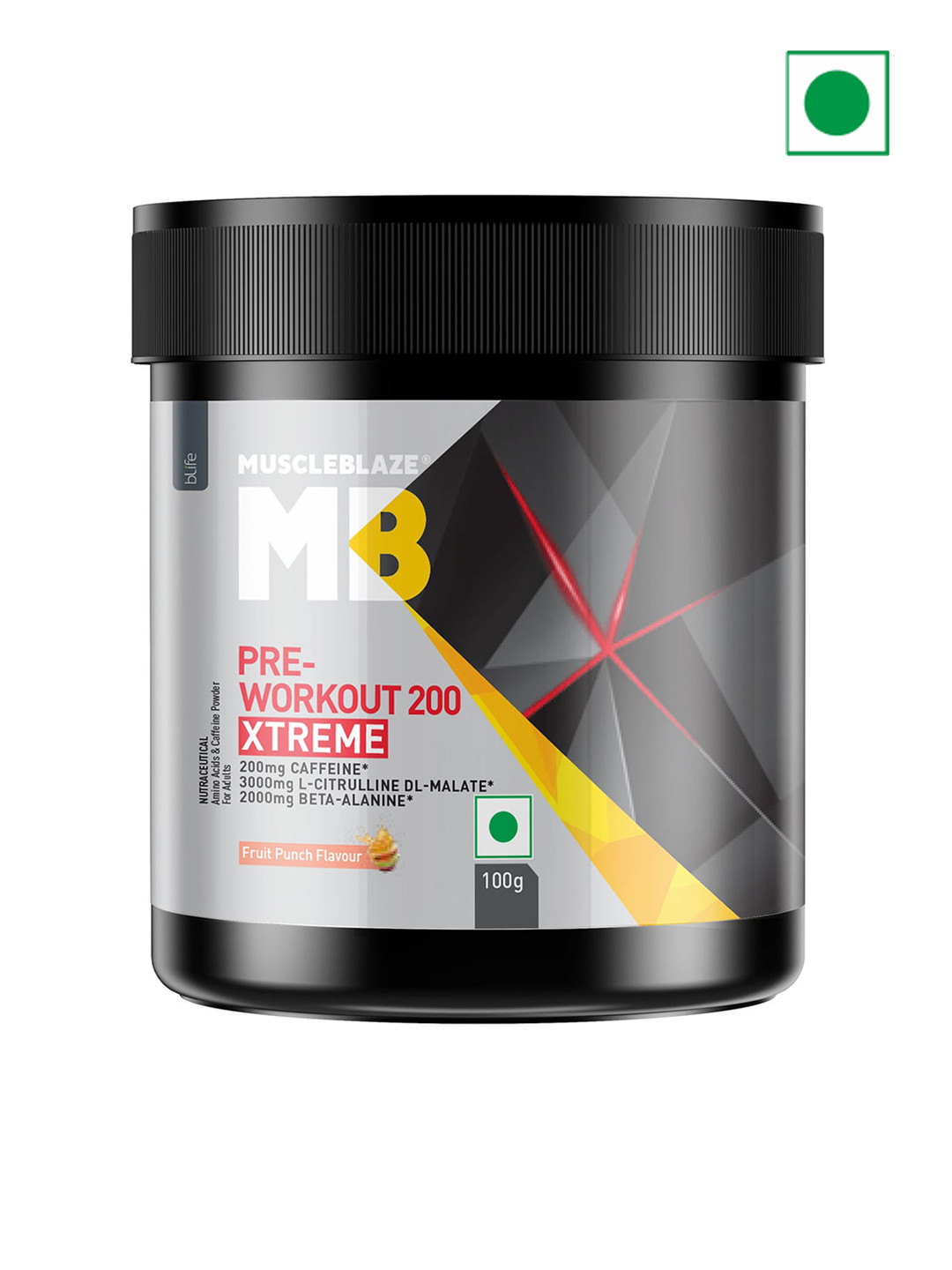 

MuscleBlaze Pre Workout 200 Xtreme 200mg Caffeine & 200mg Theanine Fruit Punch- 100 g, Red